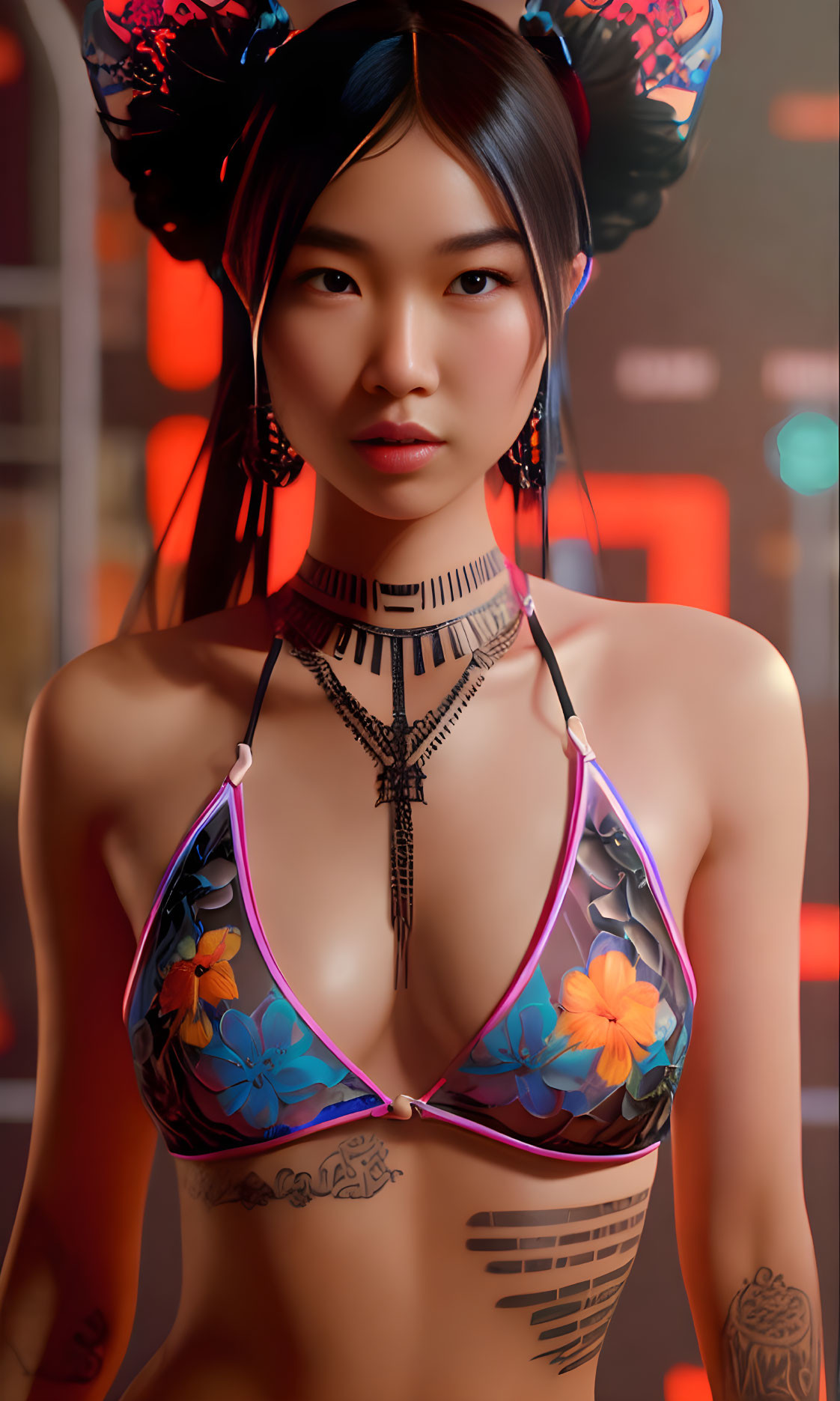 Intricate hairstyle and floral bikini on woman in neon-lit portrait