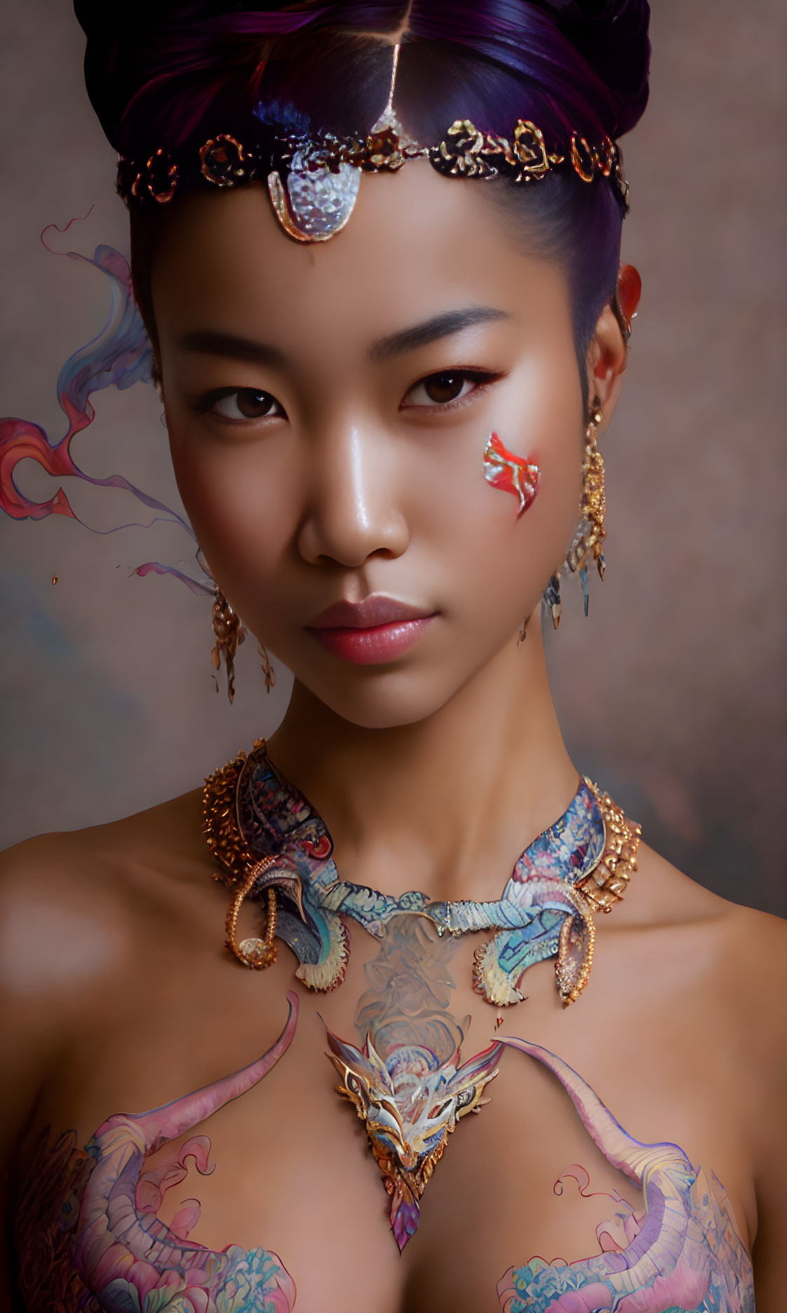 Intricate Dragon-Themed Body Art on Woman with Ornate Headdress