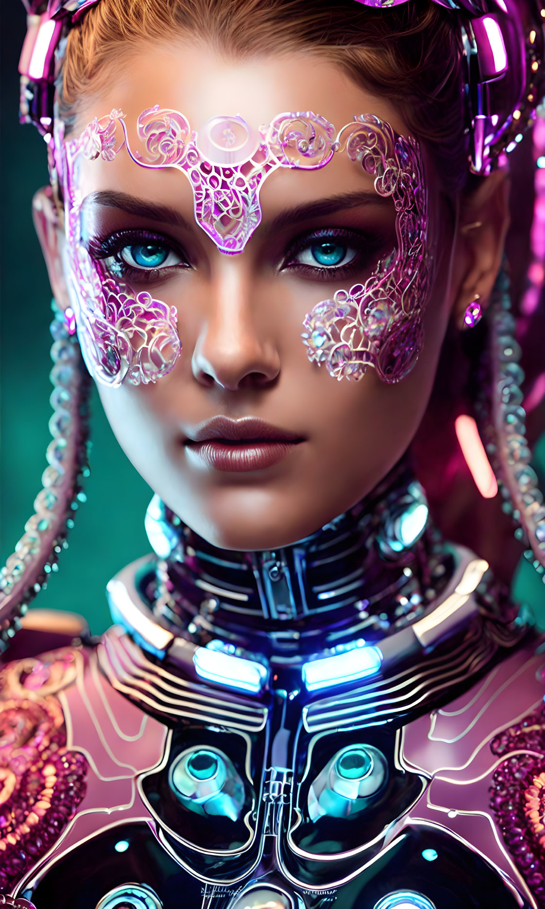 Female digital artwork with cybernetic details, blue eyes, headgear, and face patterns in futuristic