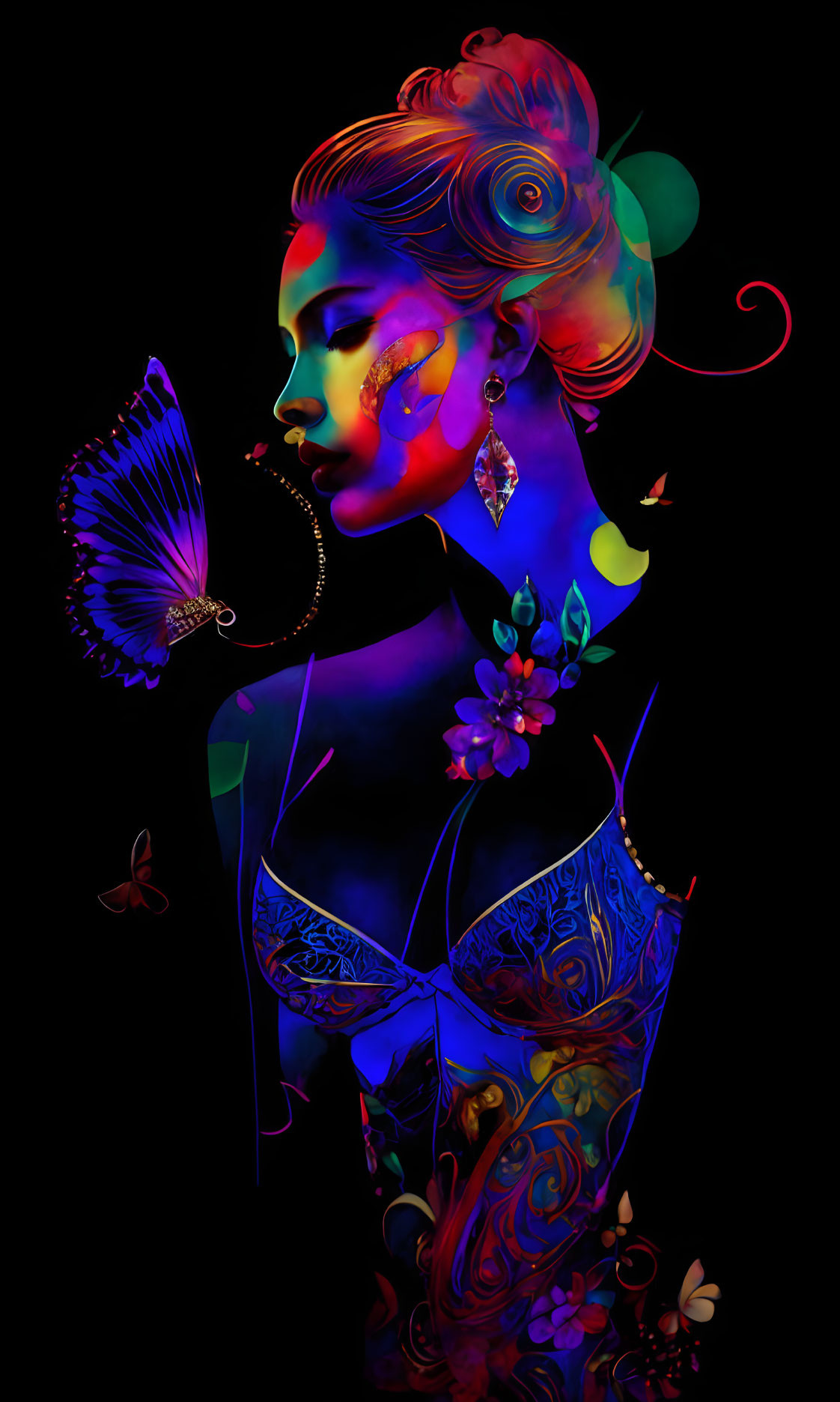 Vibrant tattooed woman with butterflies on dark backdrop