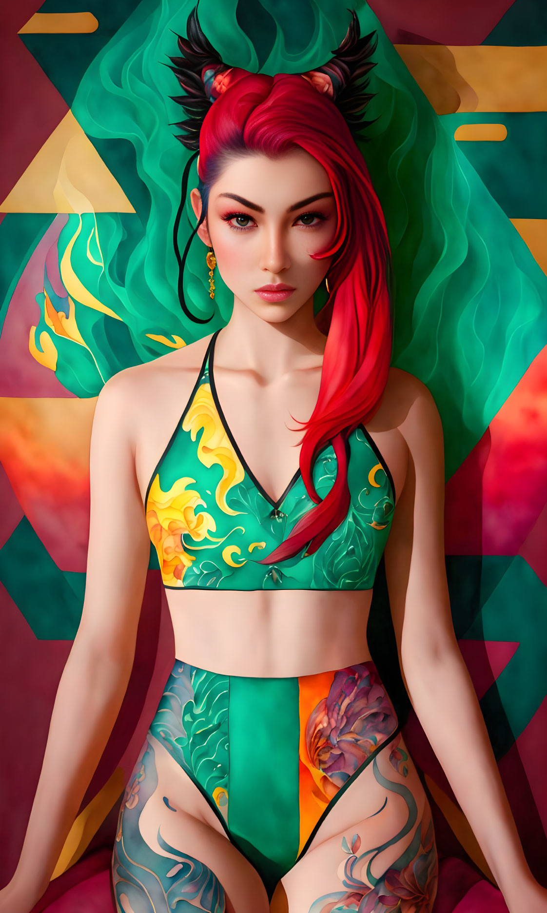 Digital artwork of woman with red hair and horns in flame swimsuit on geometric backdrop