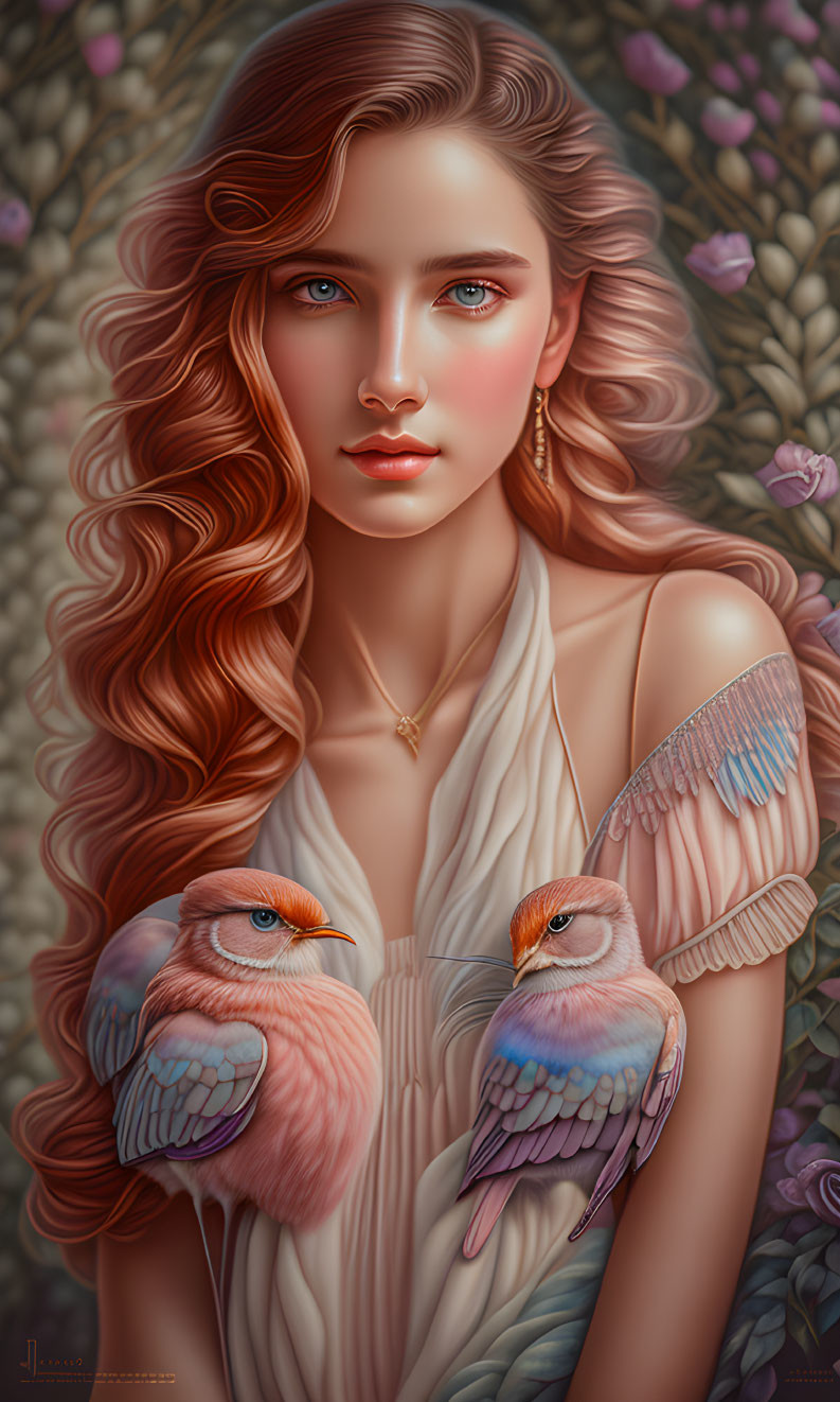 Digital art portrait of woman with red hair and blue eyes, pink birds, floral background