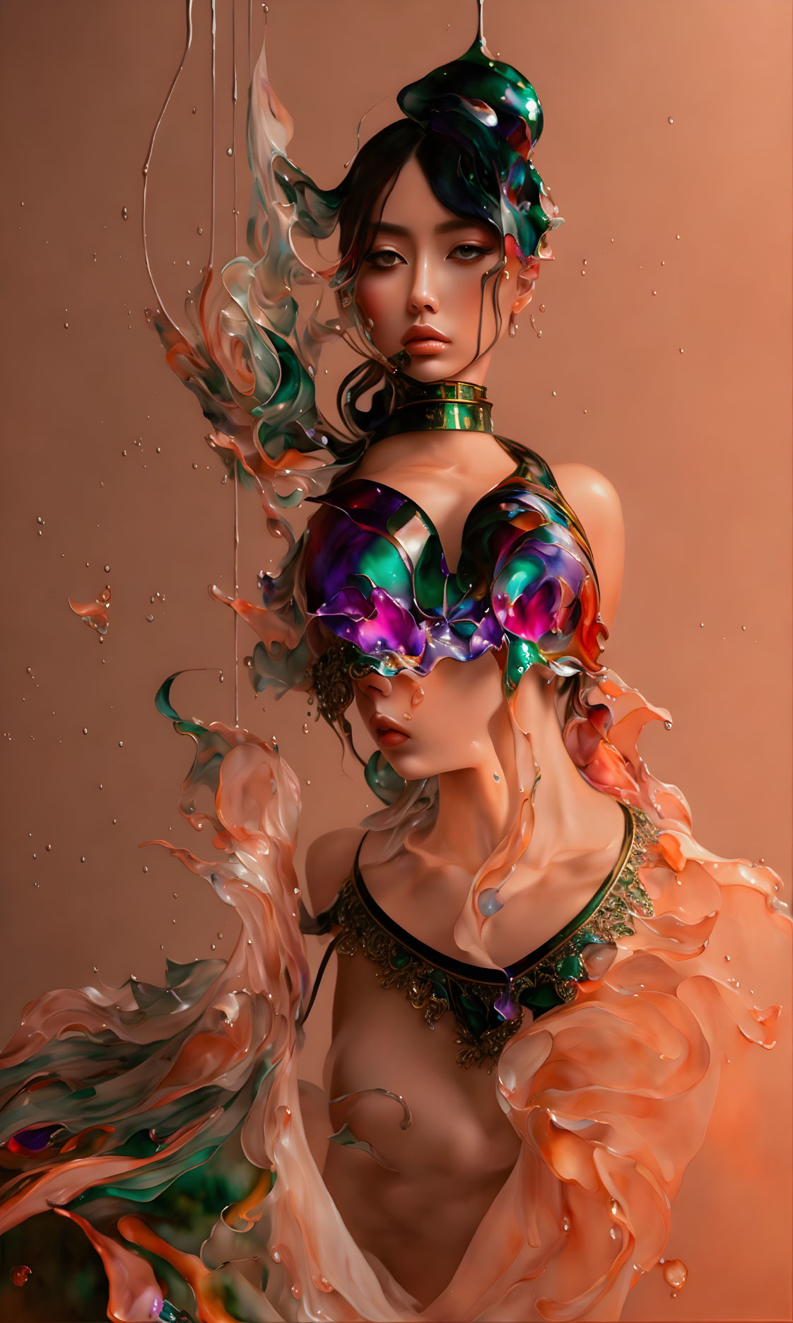 Colorful Stylized Digital Artwork Featuring Two Figures Blend into Abstract Backdrop