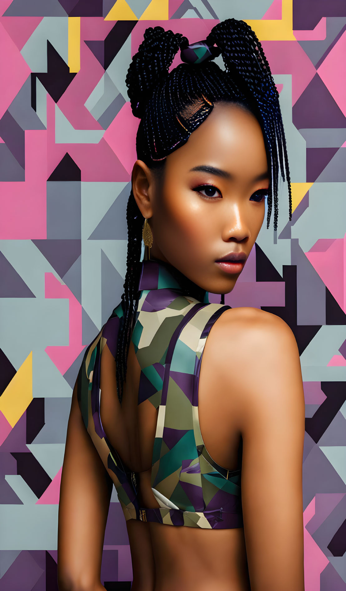 Woman with Braided Hair in Camo Strap Dress Against Geometric Background