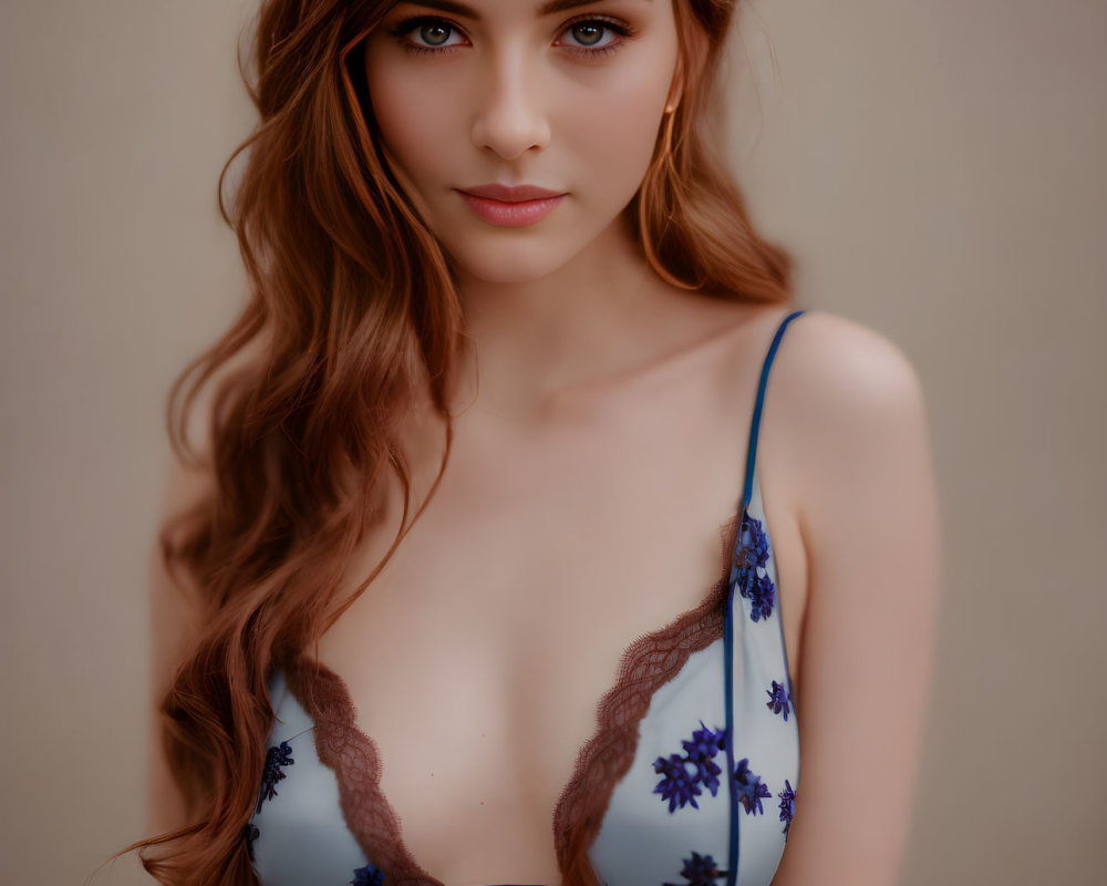 Auburn-haired woman in blue floral bra gazes at camera