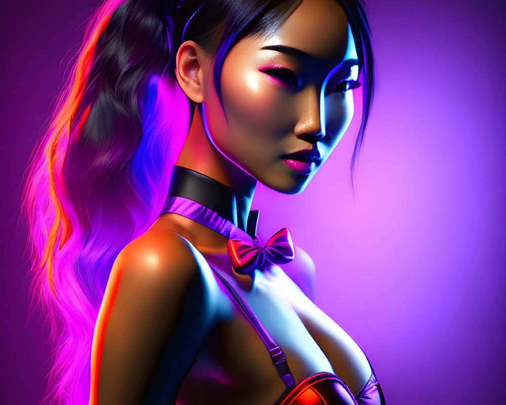 Vibrant digital artwork: woman with ponytail, bold makeup, red top, purple backdrop