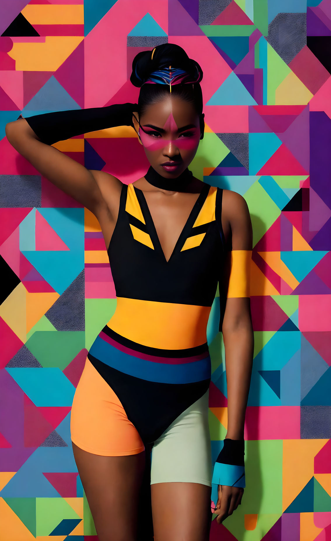 Colorful Geometric Space: Woman in Vibrant Outfit