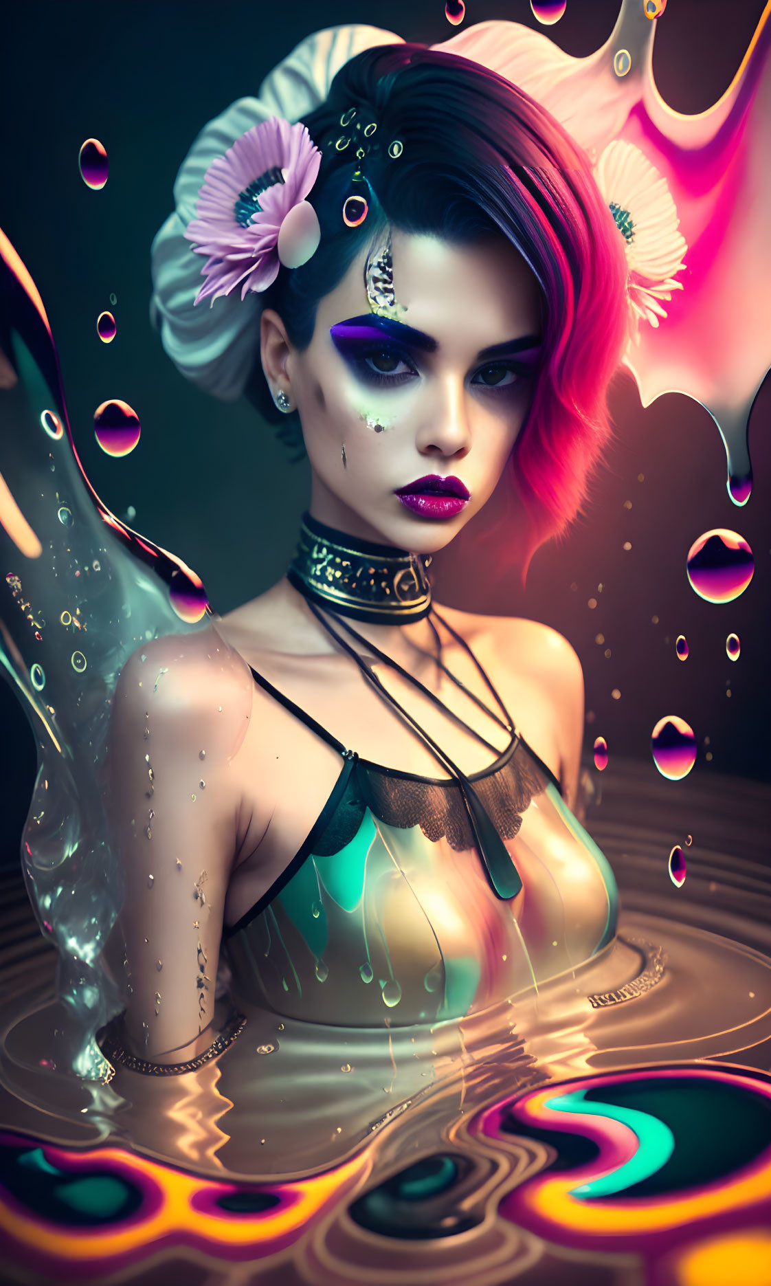 Surreal portrait of woman with vivid makeup and floral hair surrounded by bubbles and colorful swirls