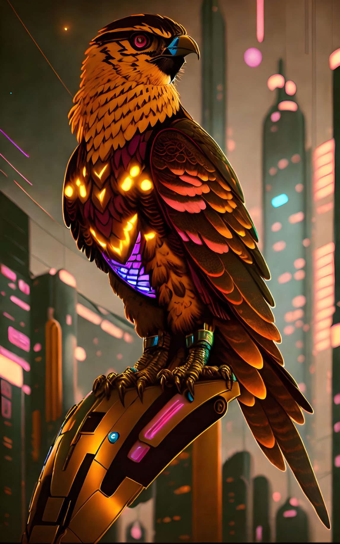 Cybernetic eagle on metallic structure in neon-lit cityscape