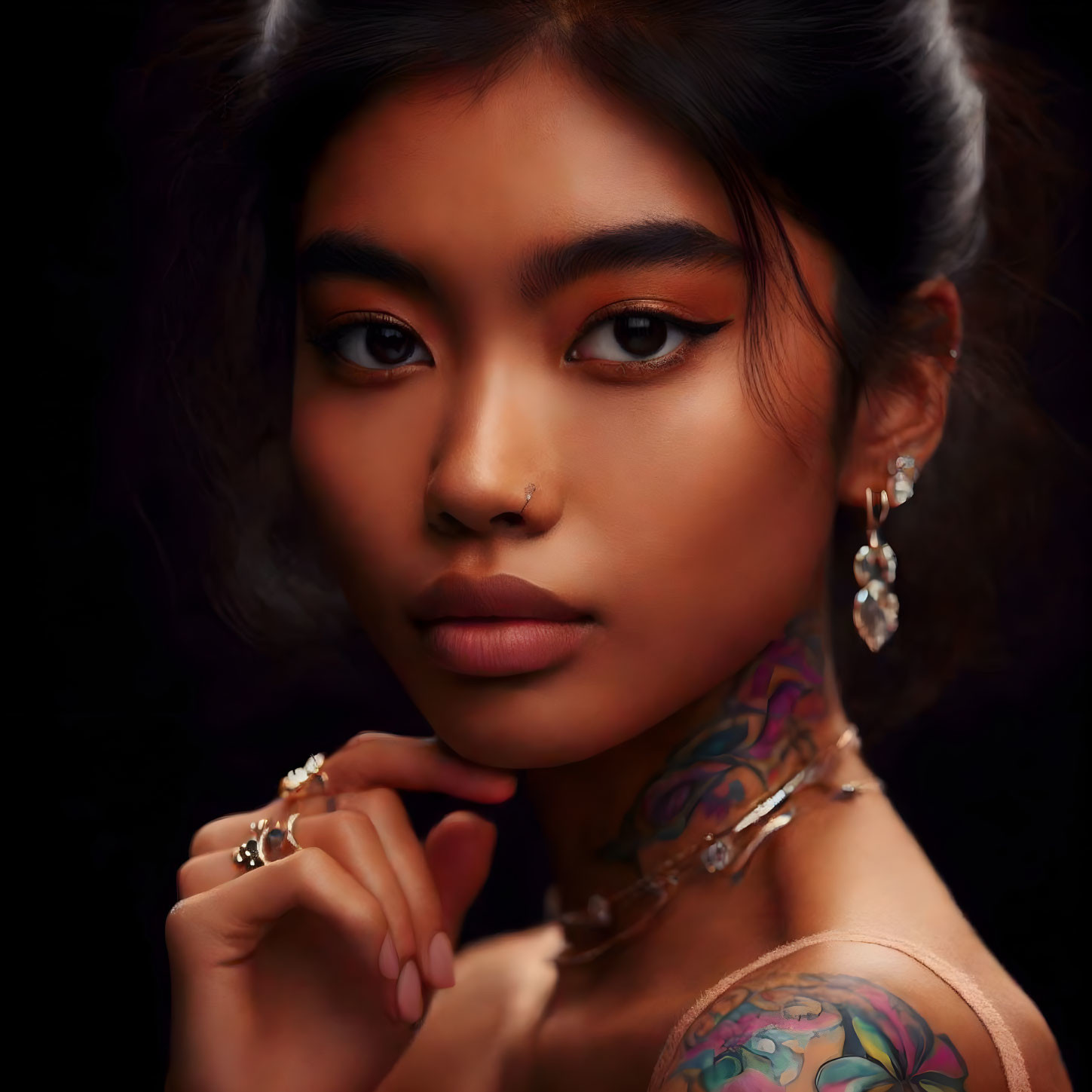 Portrait of person with tan skin, bold makeup, jewelry, and neck tattoo on dark background