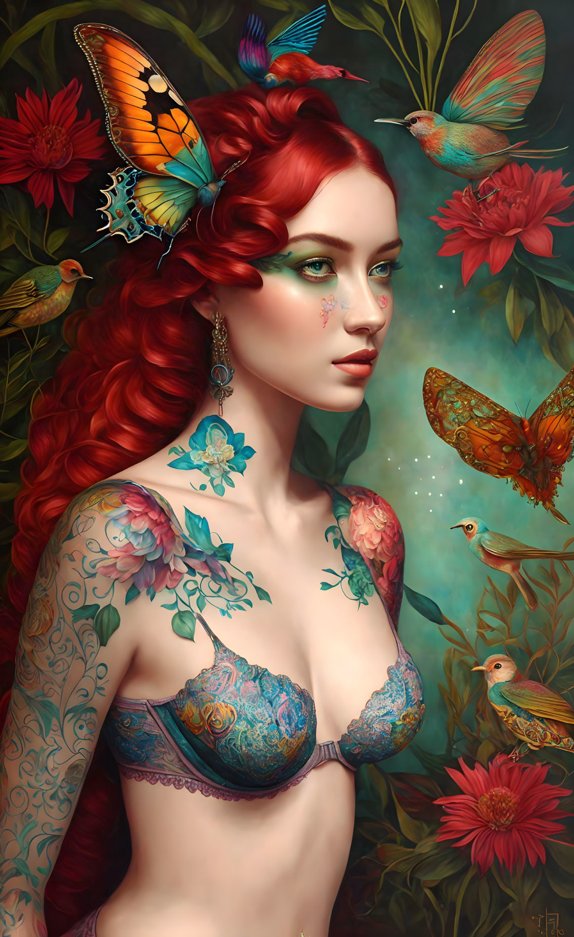 Detailed Illustration of Woman with Red Hair, Butterfly, Birds, Flowers, and Botanical Tattoos