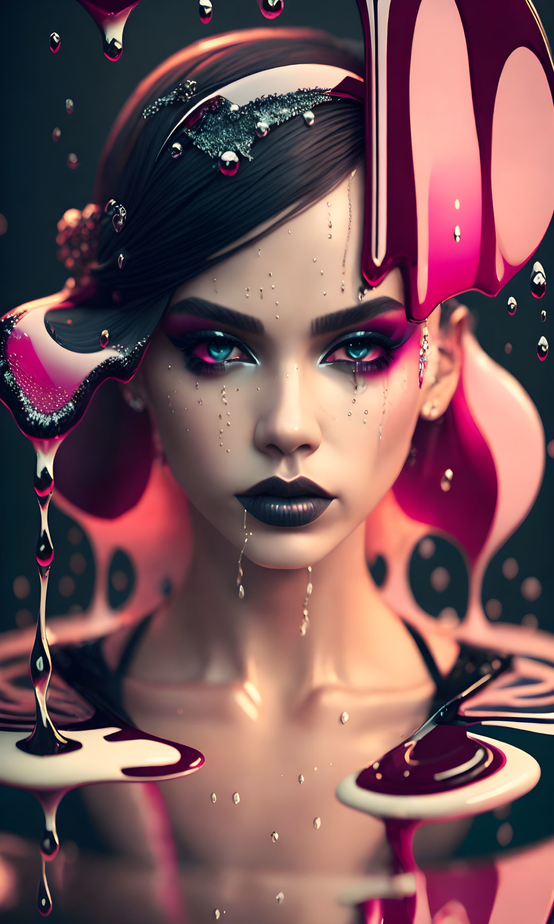 Abstract 3D Woman Illustration with Stylized Makeup and Liquid Shapes