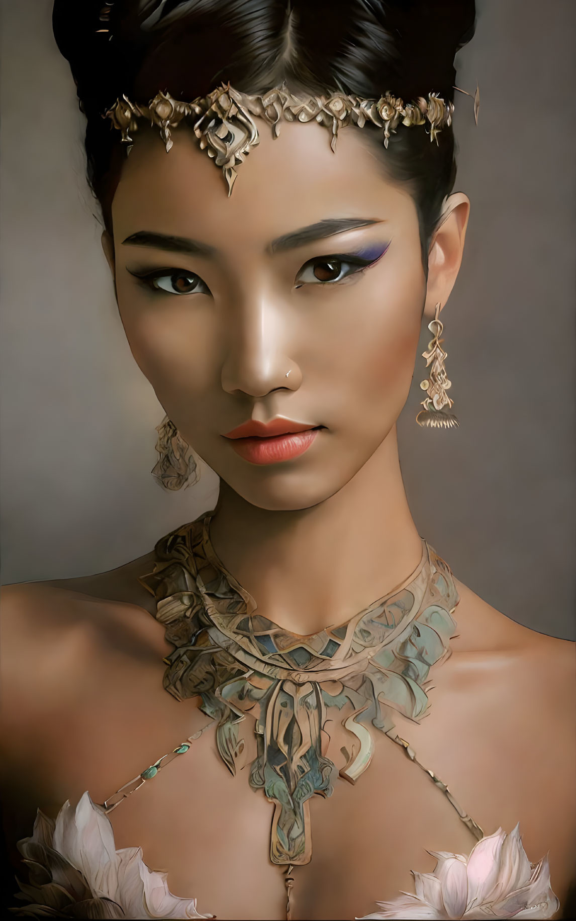 Woman showcasing elegant headpiece, feathered neckline, and vibrant blue eyeshadow