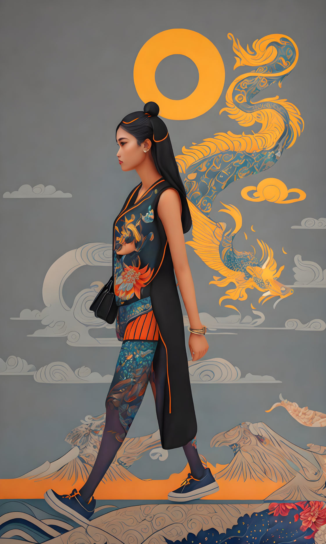 Illustration of woman with dragon tattoo in East Asian style