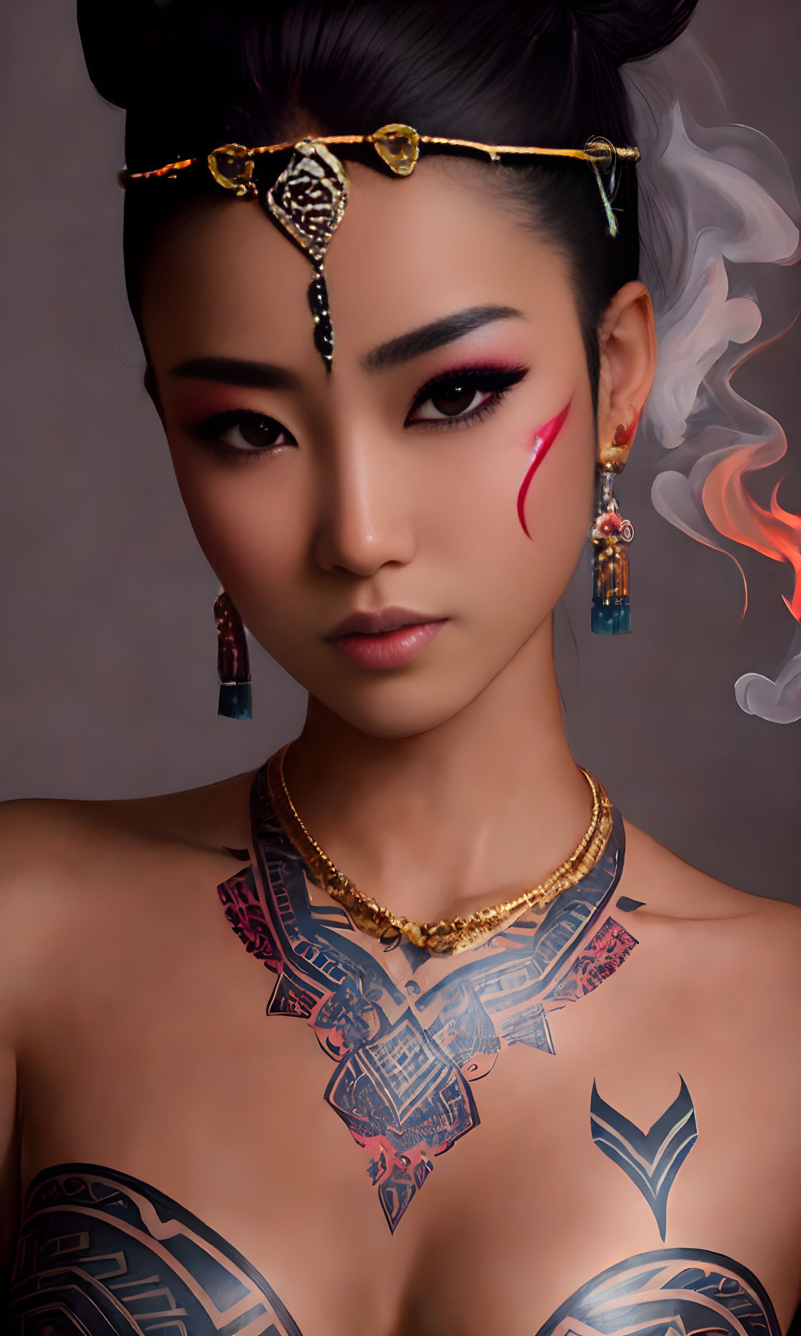 Woman with tribal tattoos, bold makeup, headpiece, and gold necklace in artistic portrait.