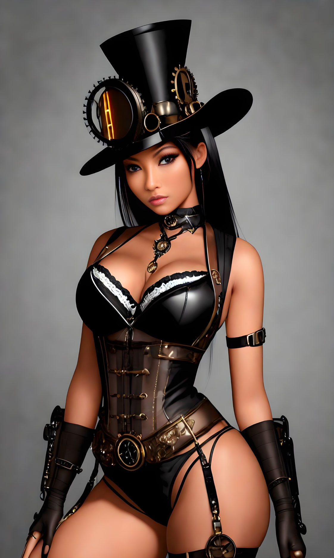 Steampunk-inspired digital artwork of a woman in black corset and top hat