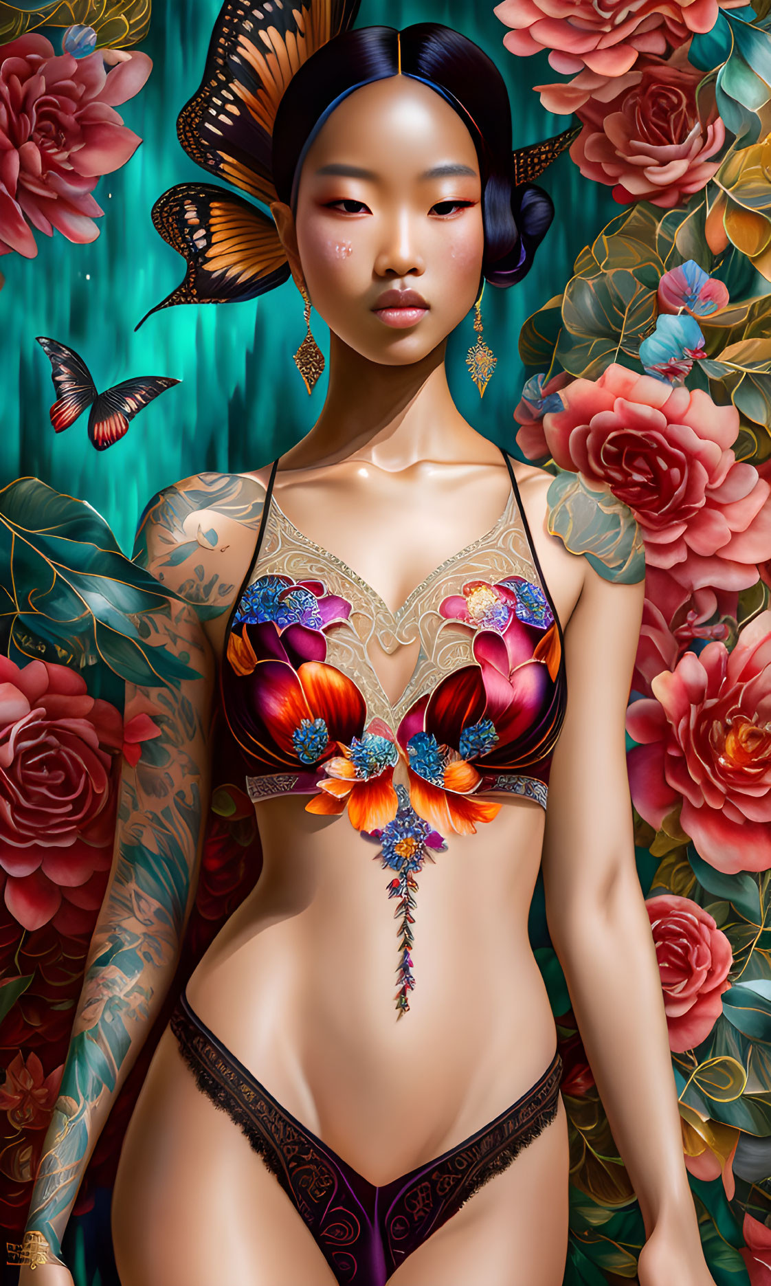 Digital artwork: Woman with tattoos in floral bra surrounded by flowers and butterflies