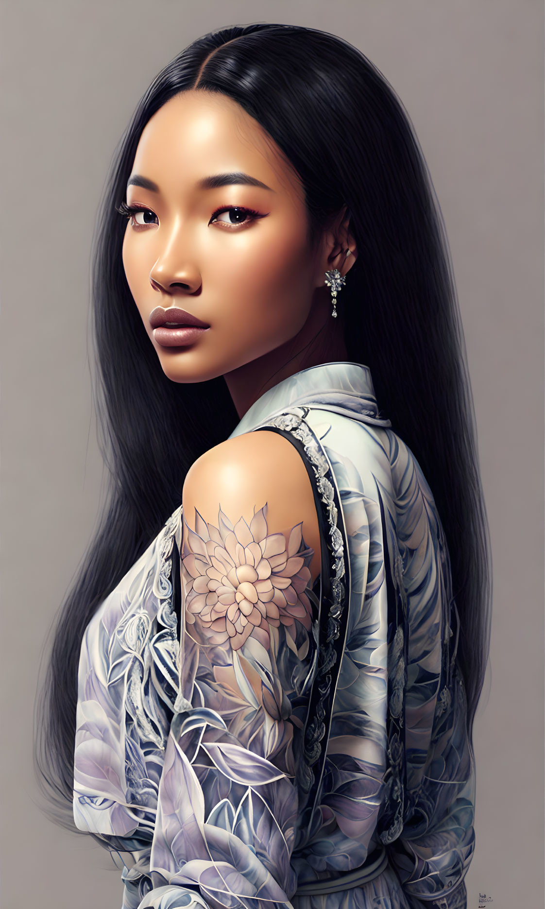 Dark-haired woman with floral tattoo in digital portrait