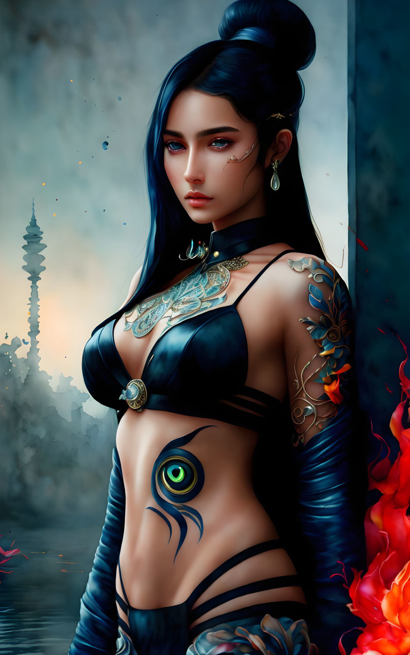 Blue-haired female fantasy character with tattoos near Asian pagoda and fiery elements