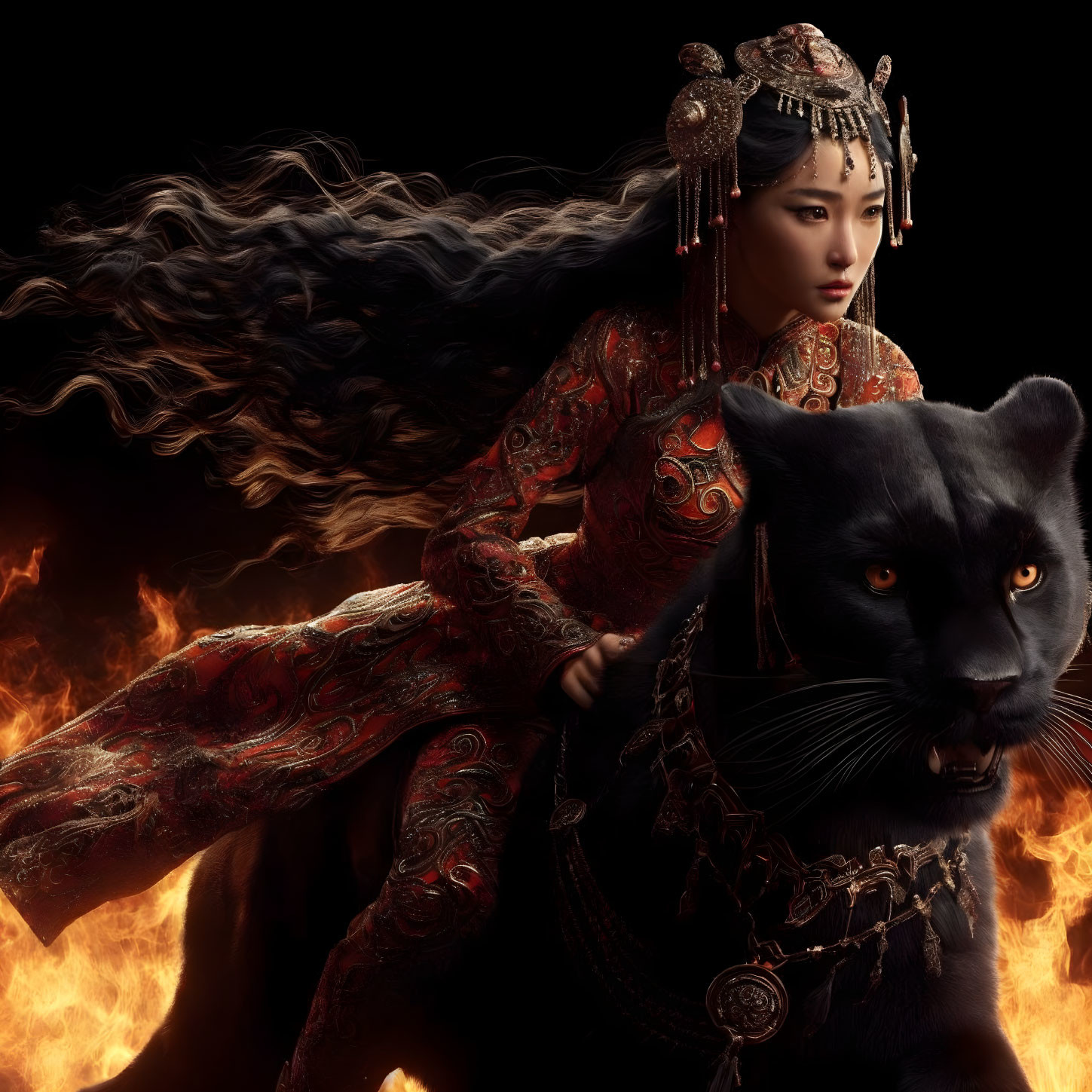 Traditional Asian Attire Woman Riding Black Panther in Flames