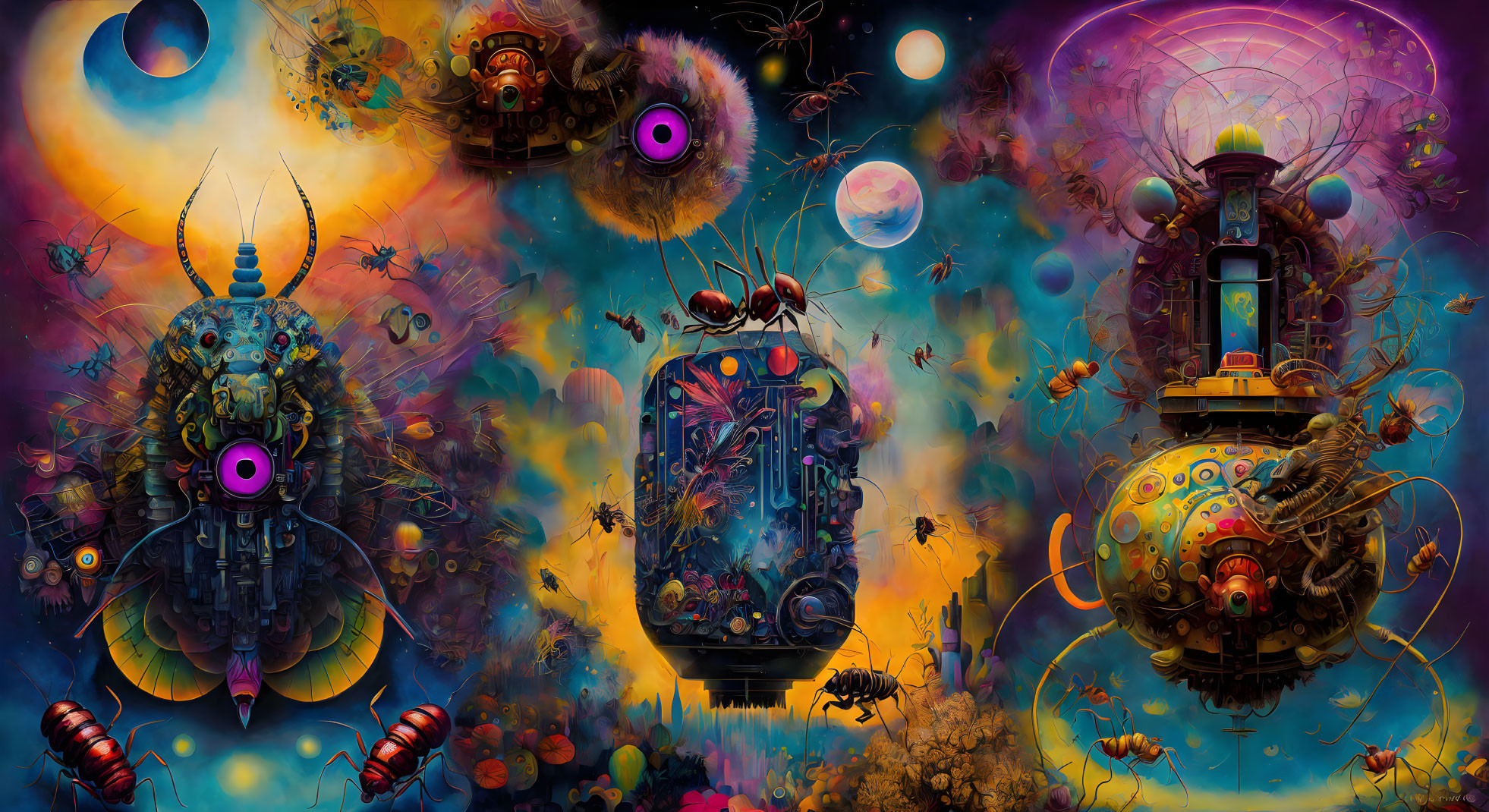 Colorful Surreal Triptych with Mechanical Insects and Cosmic Background