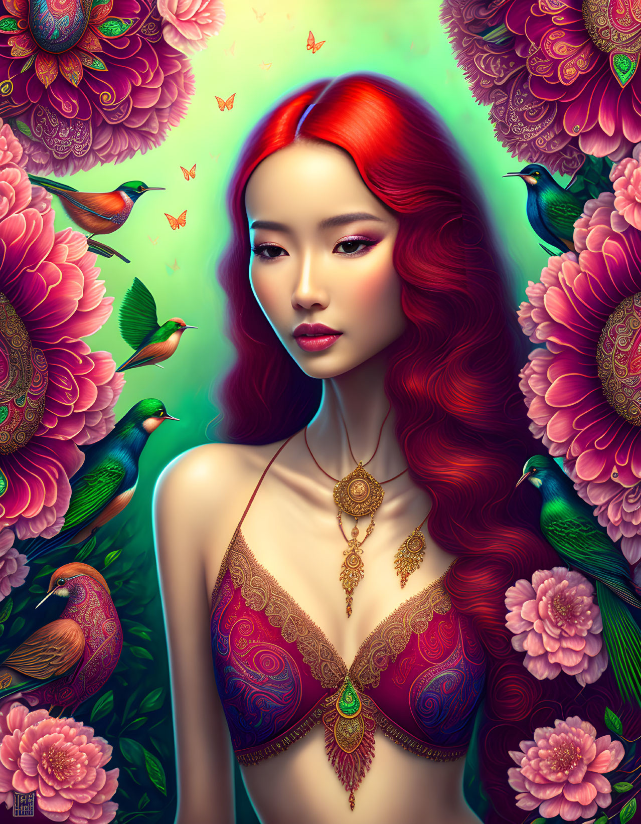 Colorful artwork featuring red-haired woman amidst lush nature and birds.