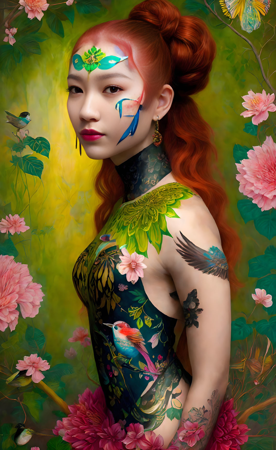 Elaborately Body Painted Woman with Bird-Themed Design