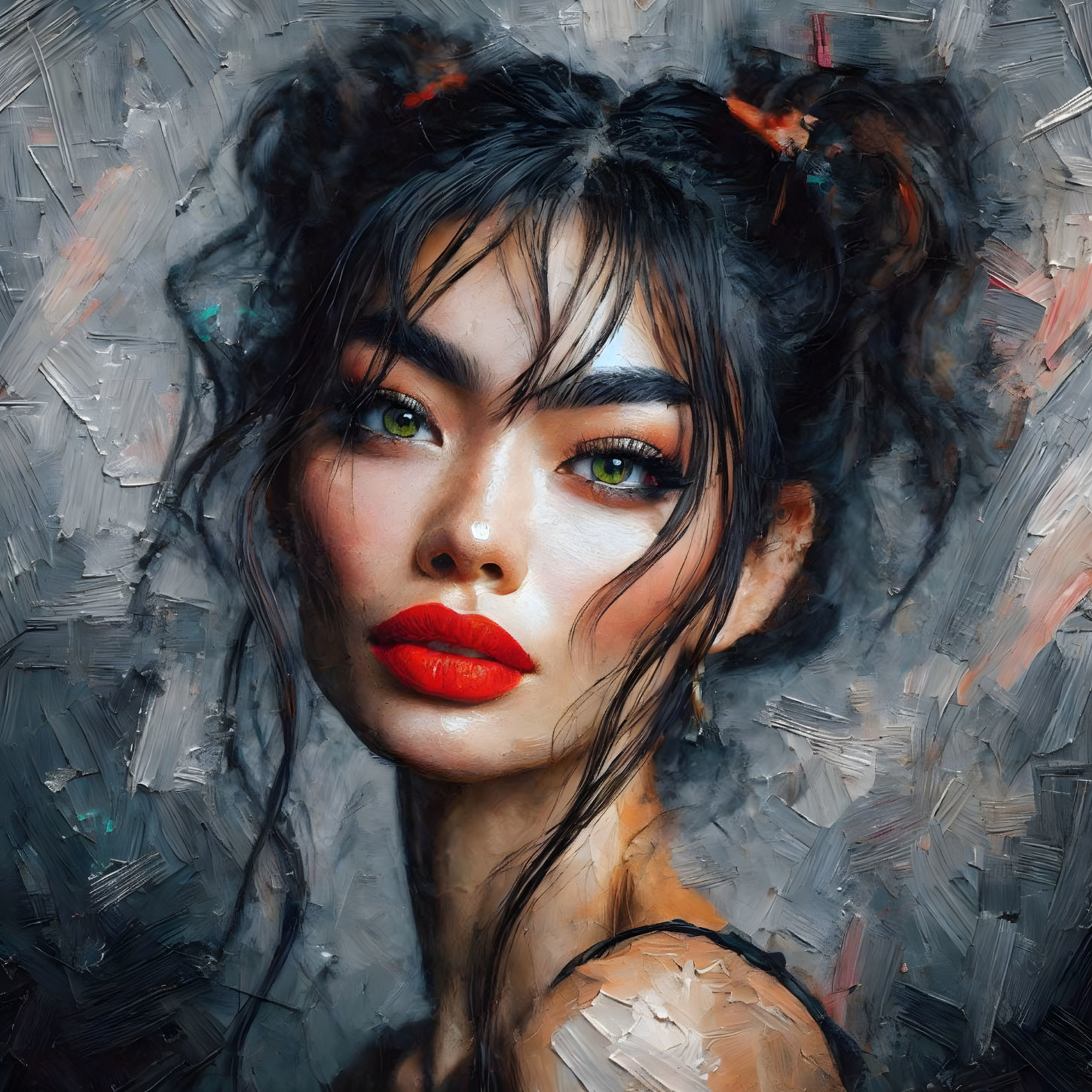 Vibrant oil painting of a woman with green eyes and red lips