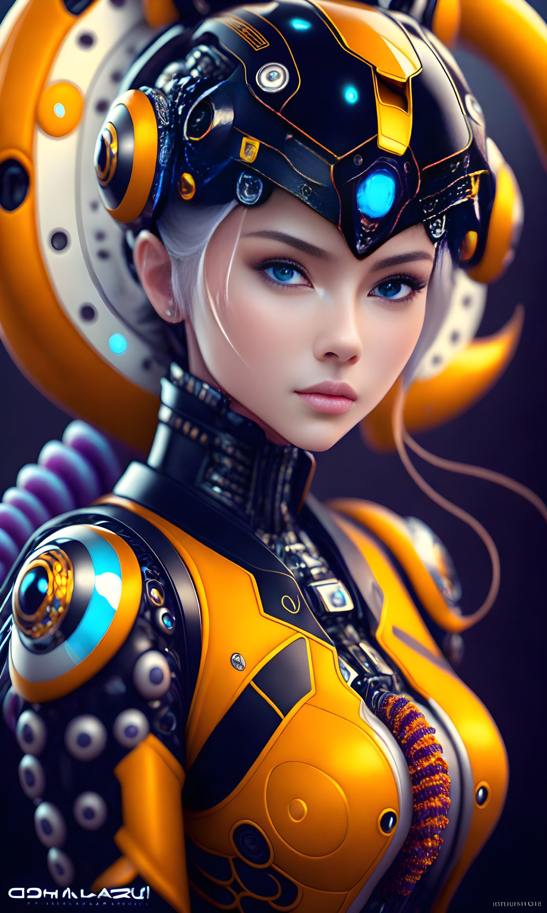 Futuristic female character in yellow and black armor with glowing blue helmet