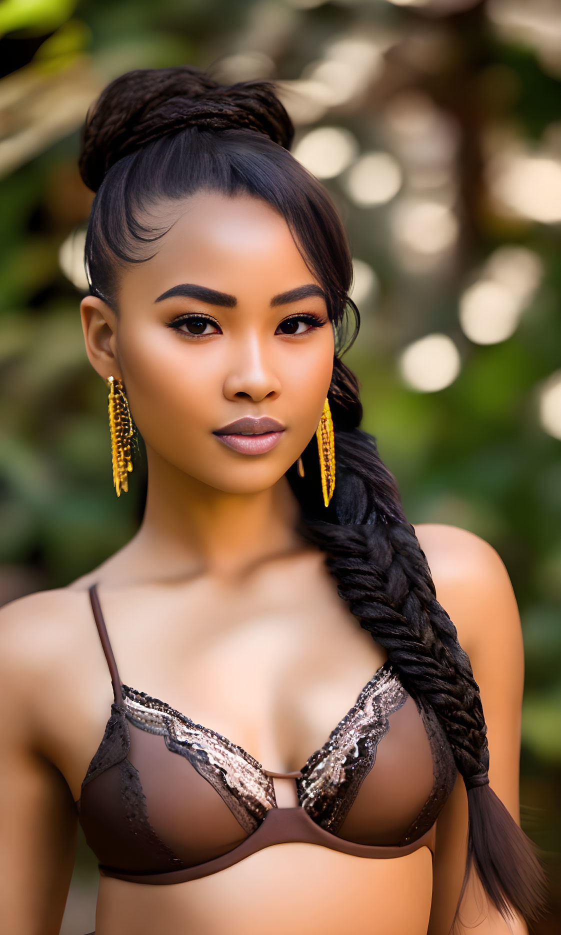 Detailed updo and braid hairstyle on woman in lace top with gold earrings.