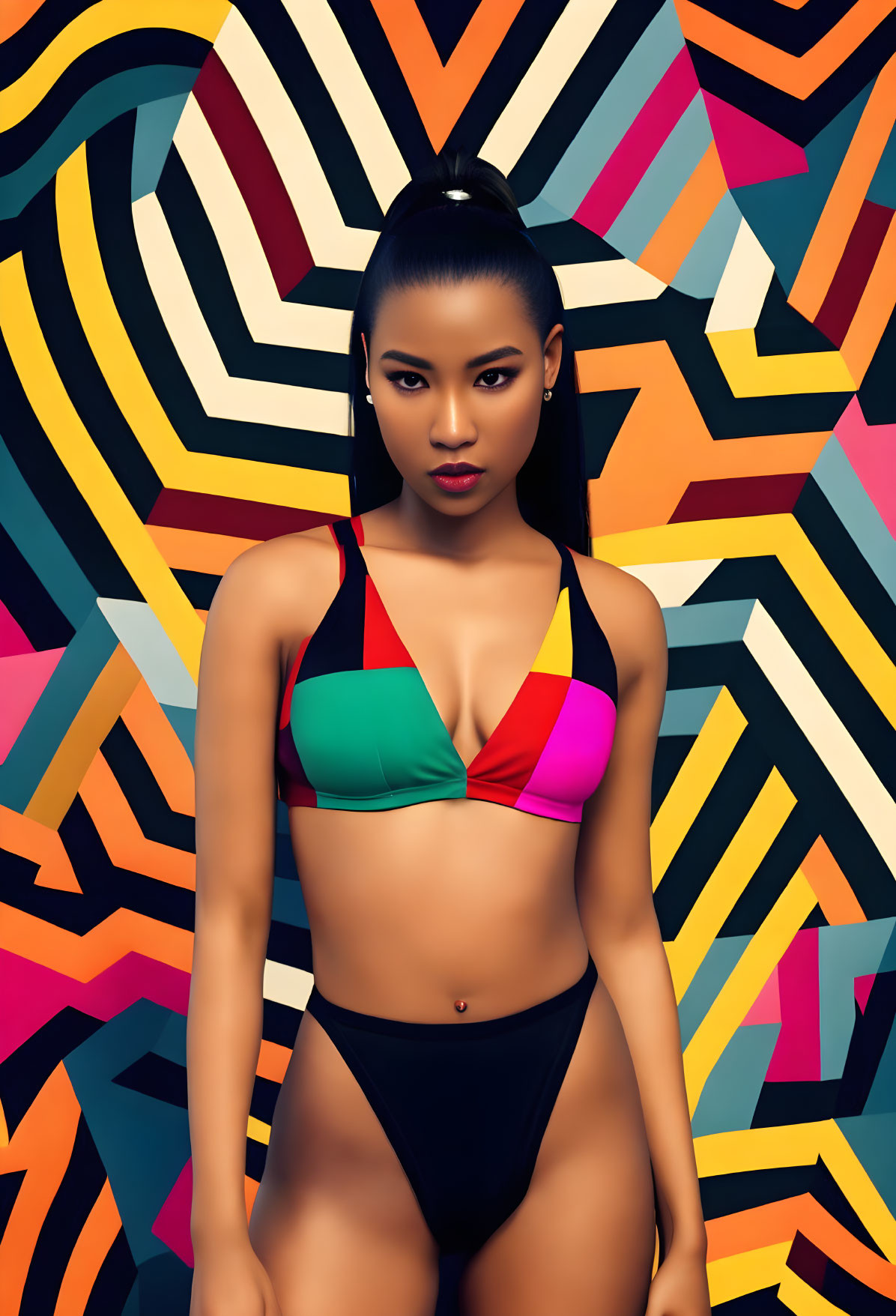 Colorful Bikini Woman Poses Against Geometric Background