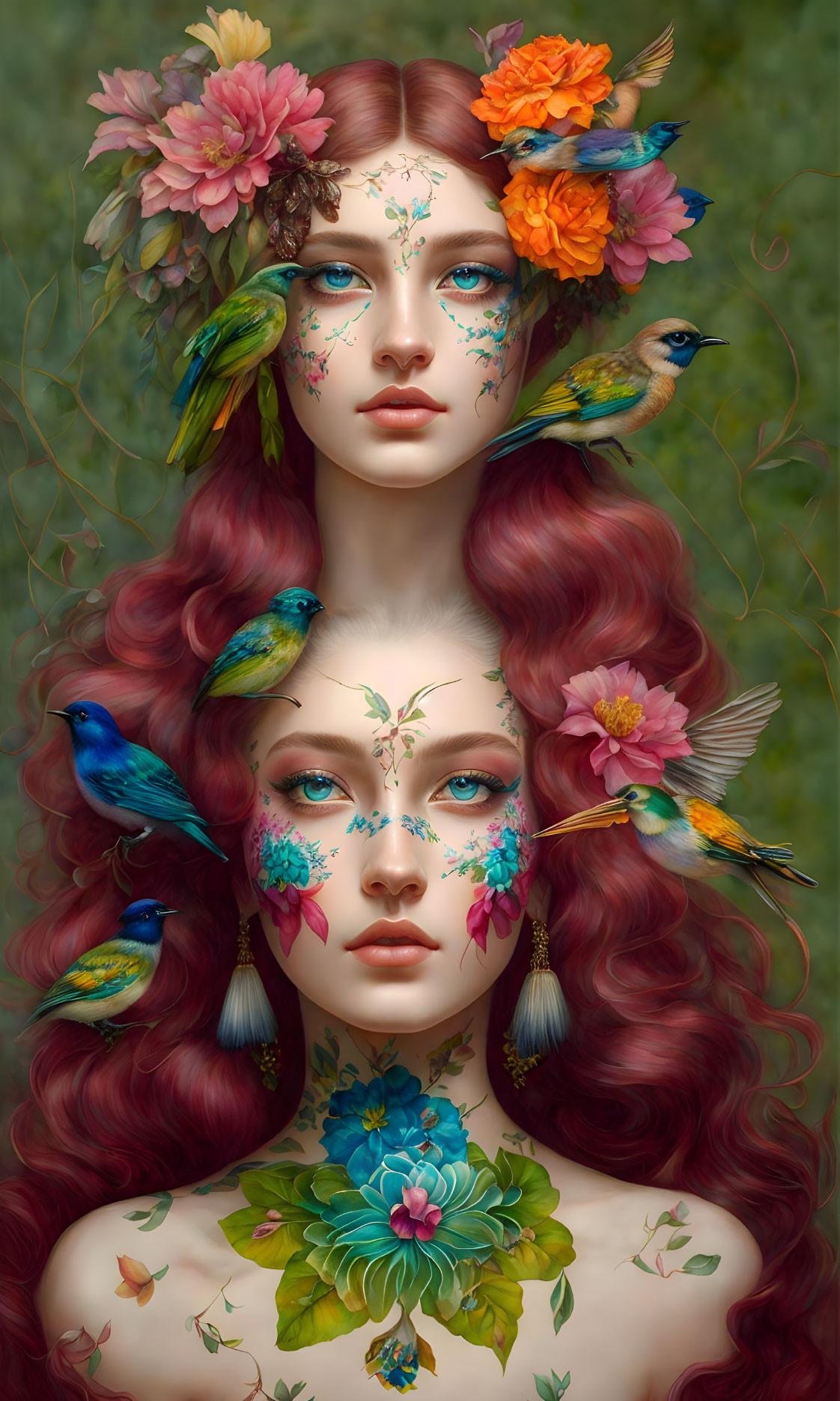 Red-haired woman with floral hair accessories, birds, tattoos, and vibrant makeup.