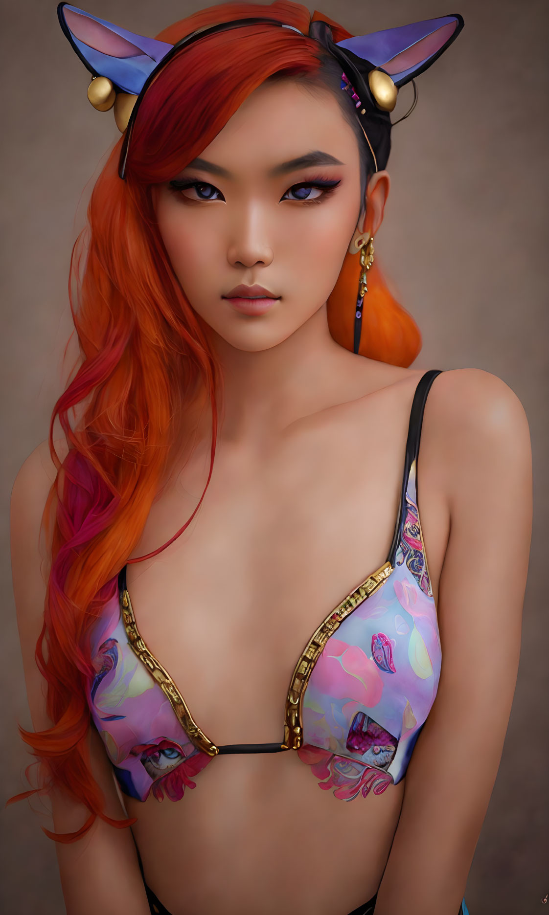 Digital portrait of woman: red hair, cat ears, colorful bralette, bold makeup.