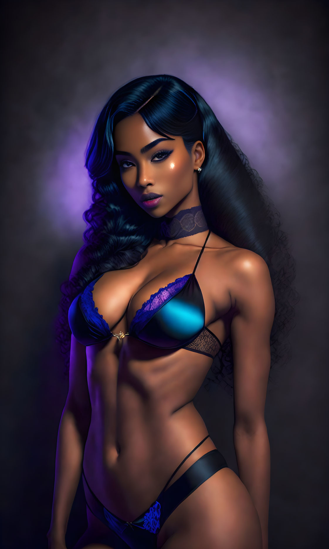 Digital artwork: Woman with dark hair in black and purple lingerie on moody background