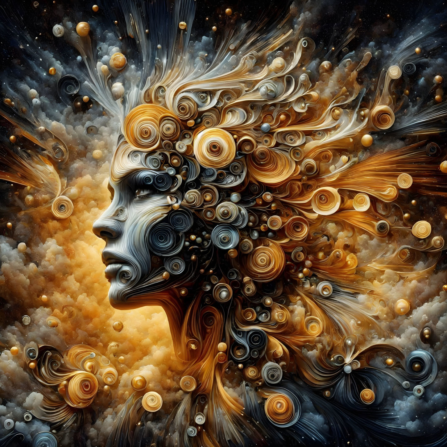 Vibrant surreal portrait with cosmic patterns and orbs in gold, black, and orange.