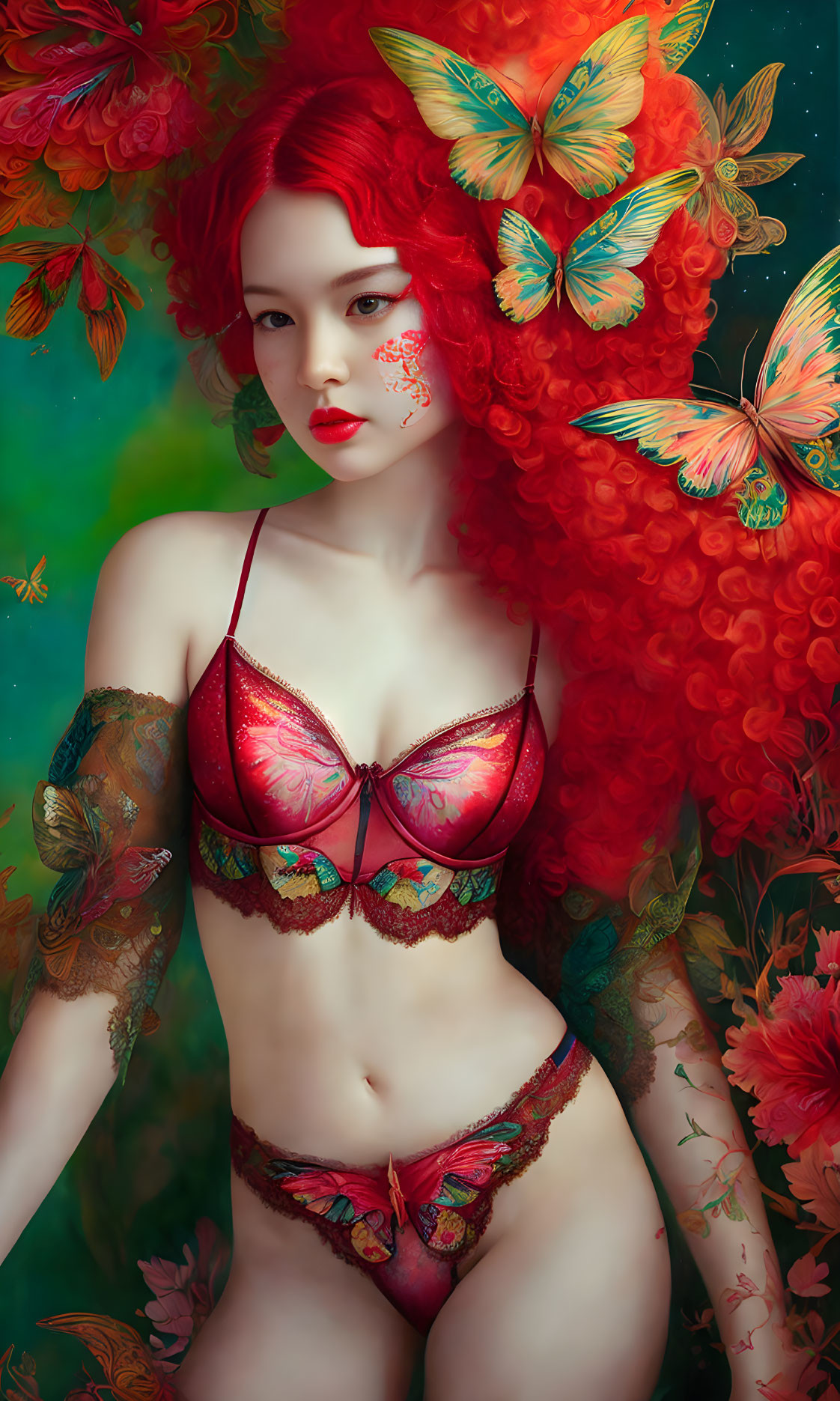 Red-haired person in red lace bikini with butterflies and floral elements on green background