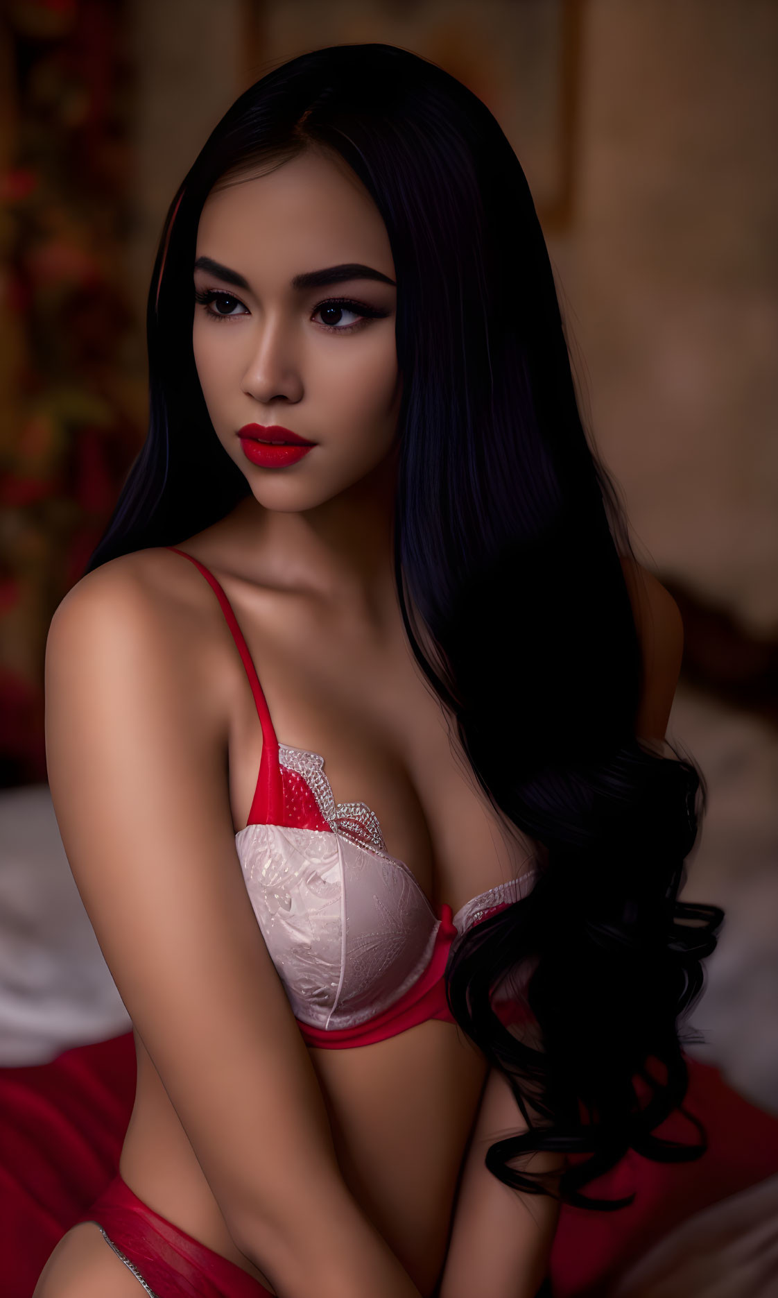 Dark-haired woman in red and white lingerie posing in warm-toned room