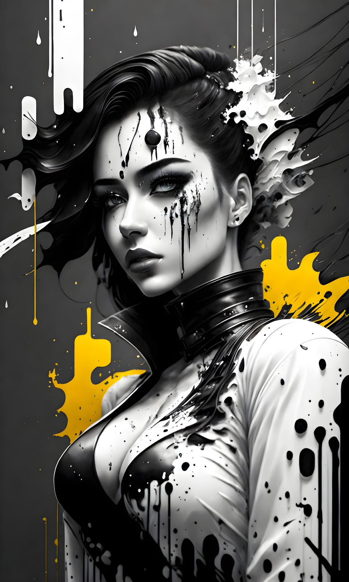 Monochrome artwork of a woman with yellow paint splashes