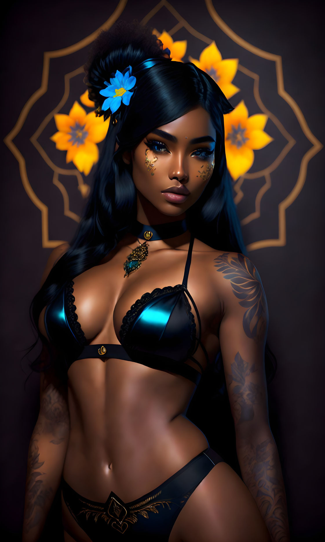 Dark-haired woman with blue flower hair, tattoos, black outfit, in digital art.