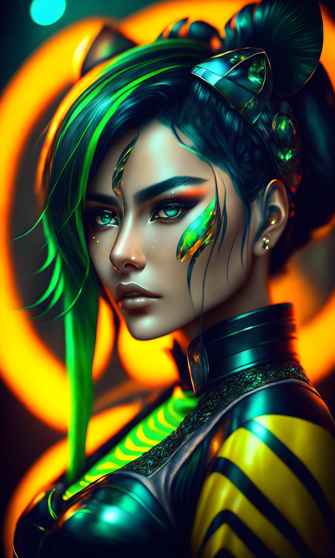 Vivid cyberpunk-inspired woman with green and black hair on neon-lit backdrop