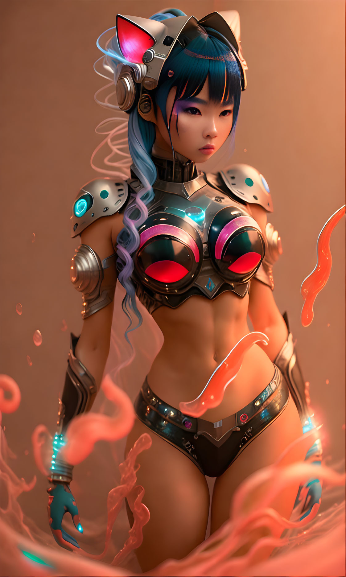 Futuristic female character in blue hair and high-tech armor with glowing elements surrounded by orange holographic