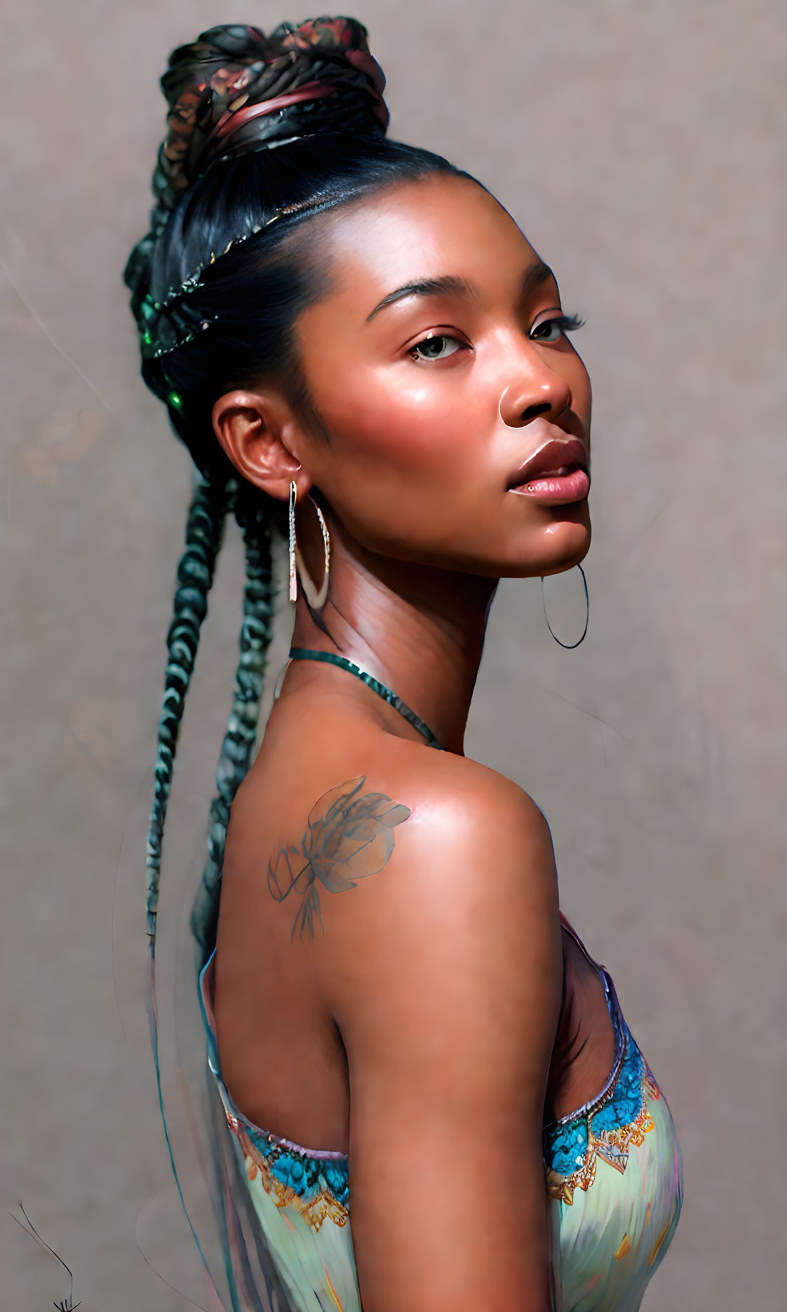 Elaborately braided woman with tattoos and hoop earrings in colorful top