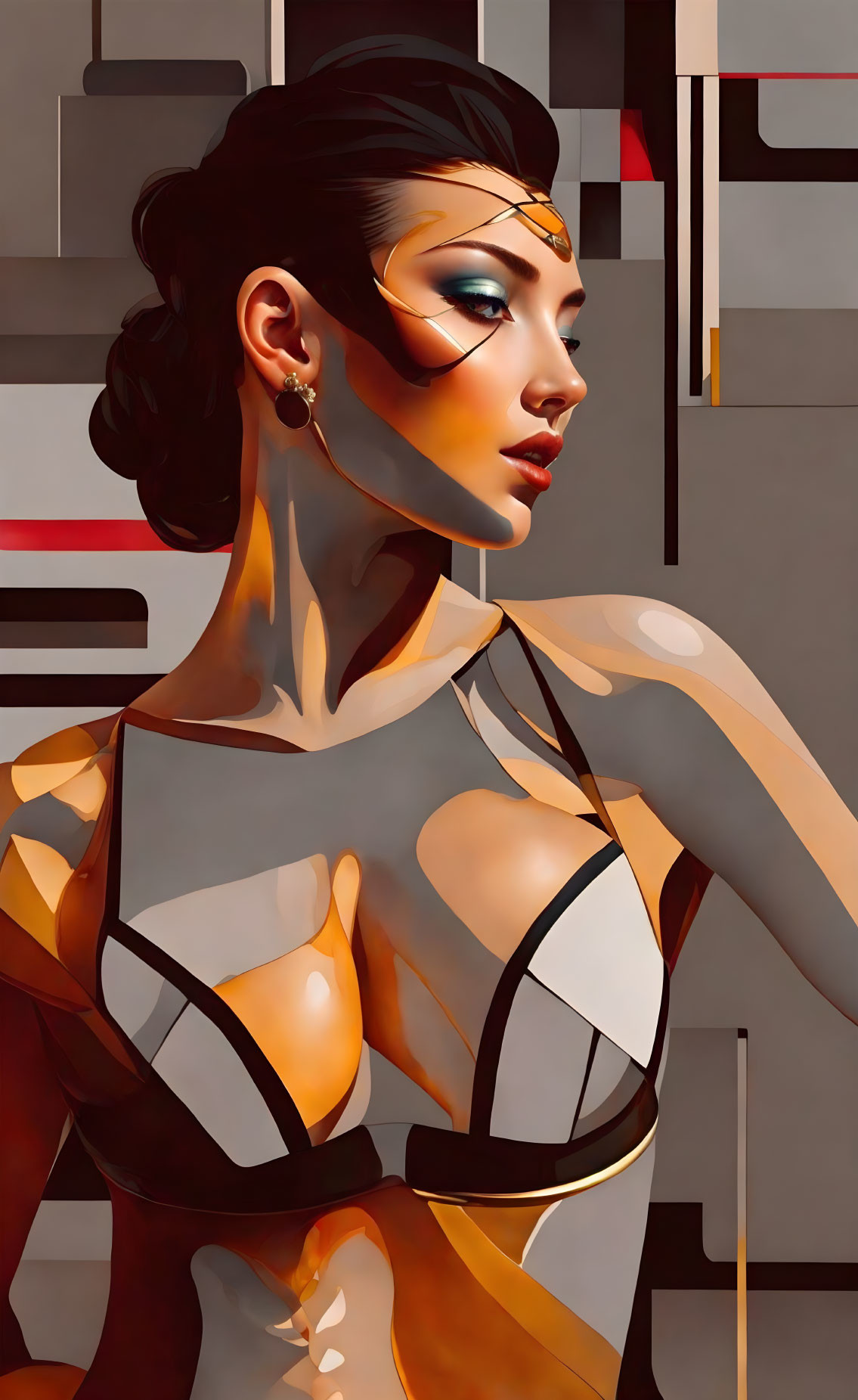 Stylized digital artwork of a woman in golden headpiece and modern bodysuit