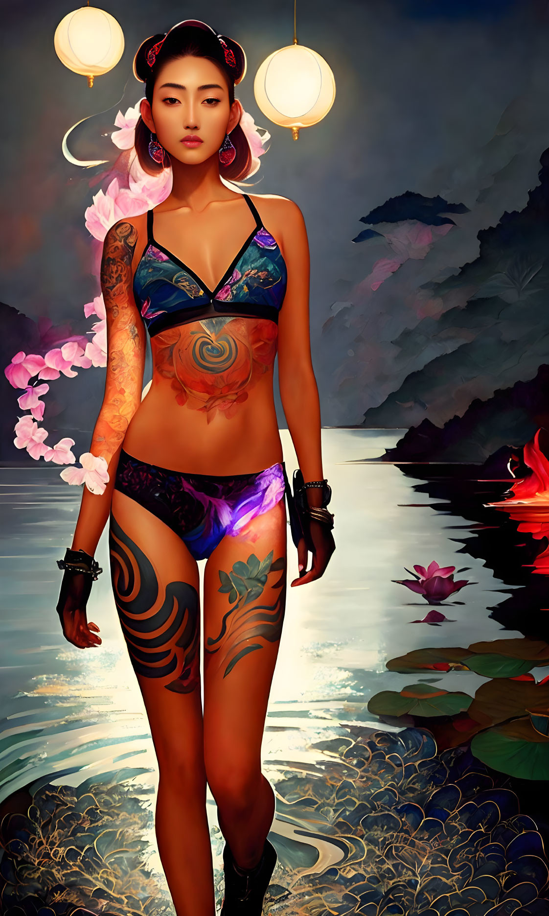 Tattooed woman in stylish swimwear by mystical lake with lotus flowers under twilight sky.