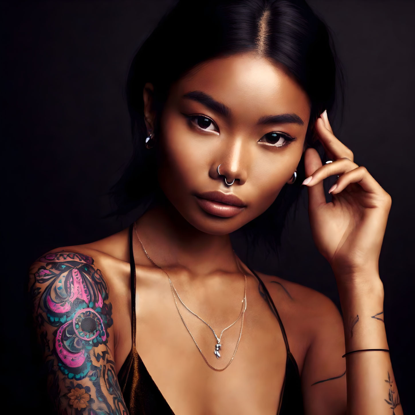 Portrait of woman with septum piercing, arm tattoos, earrings, necklaces, hand on temple