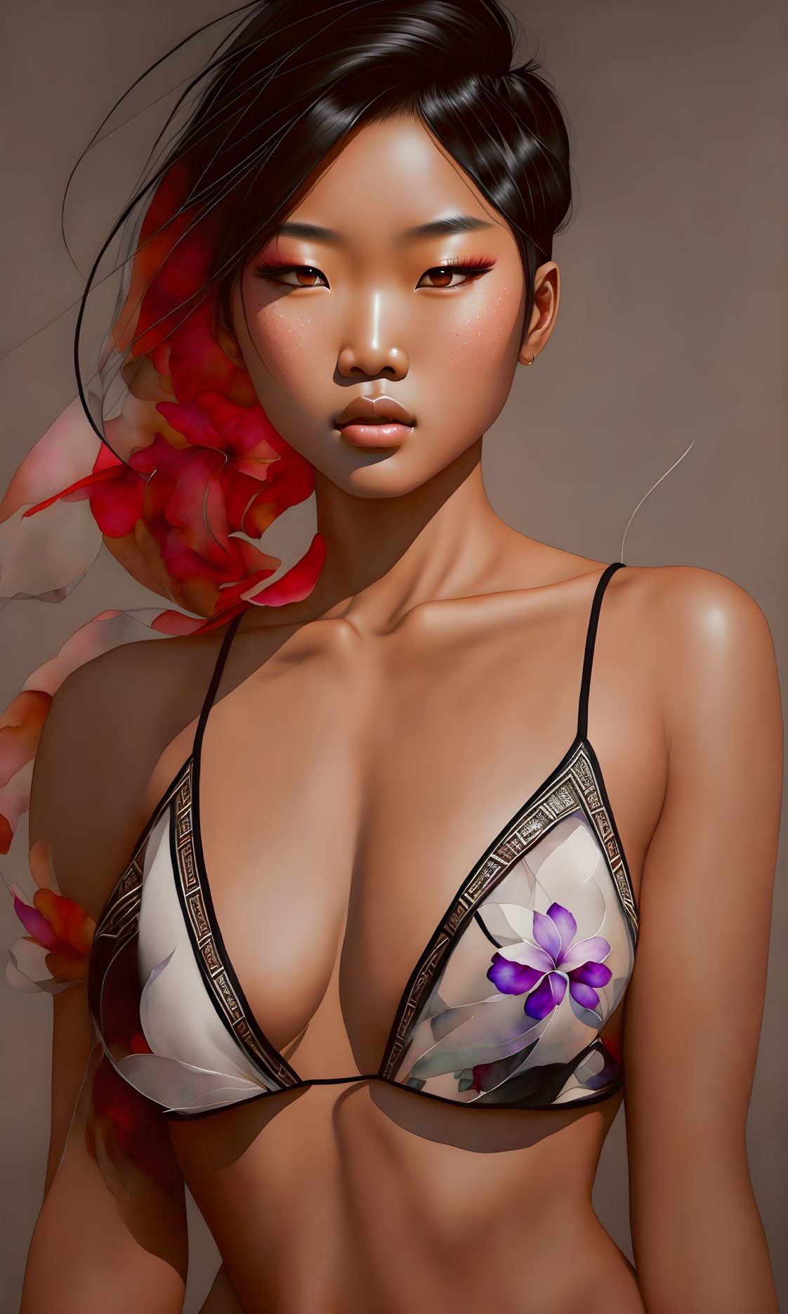 Illustration of woman with black hair in floral bikini top.