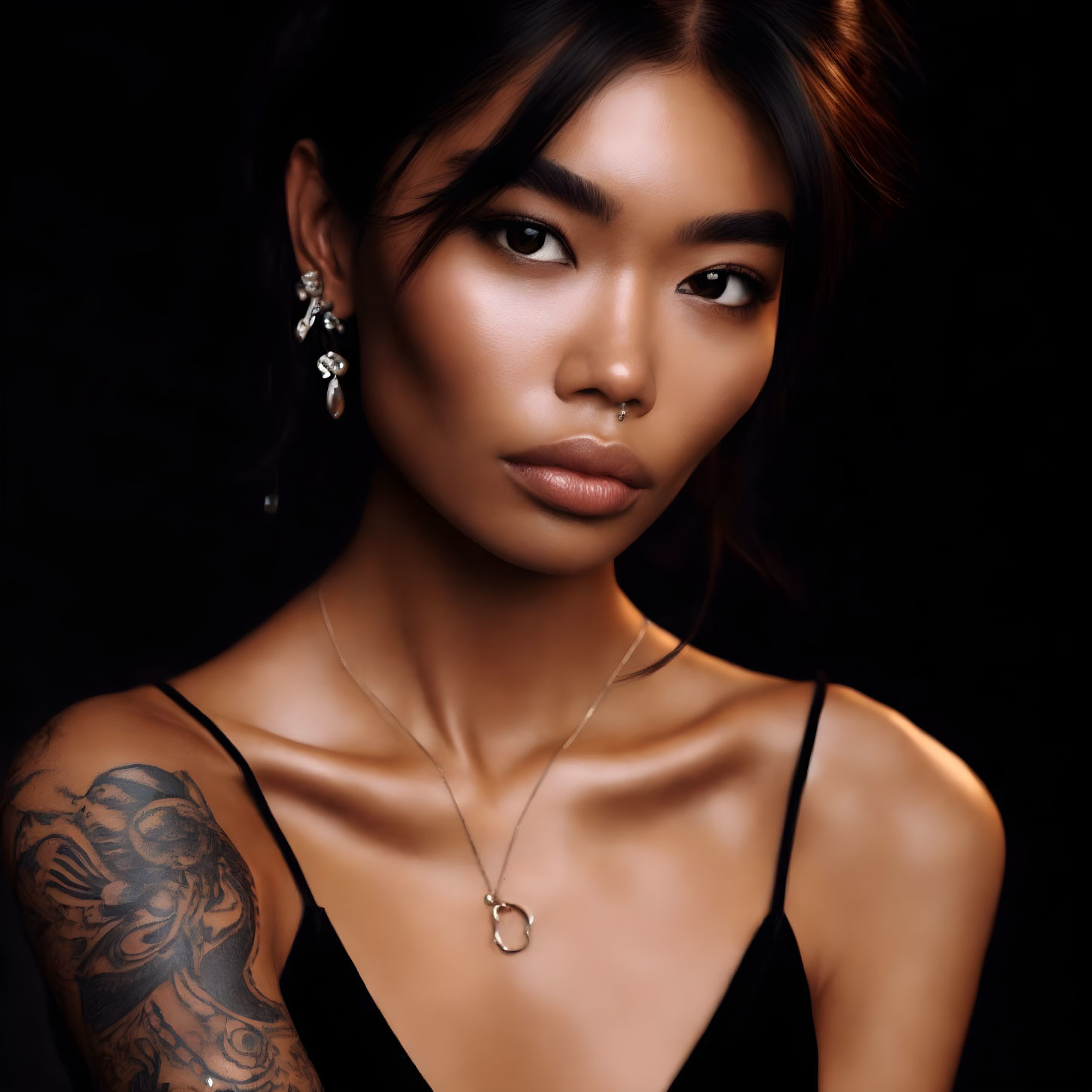 Portrait of woman with arm tattoo, black top, silver jewelry, styled hair on dark background