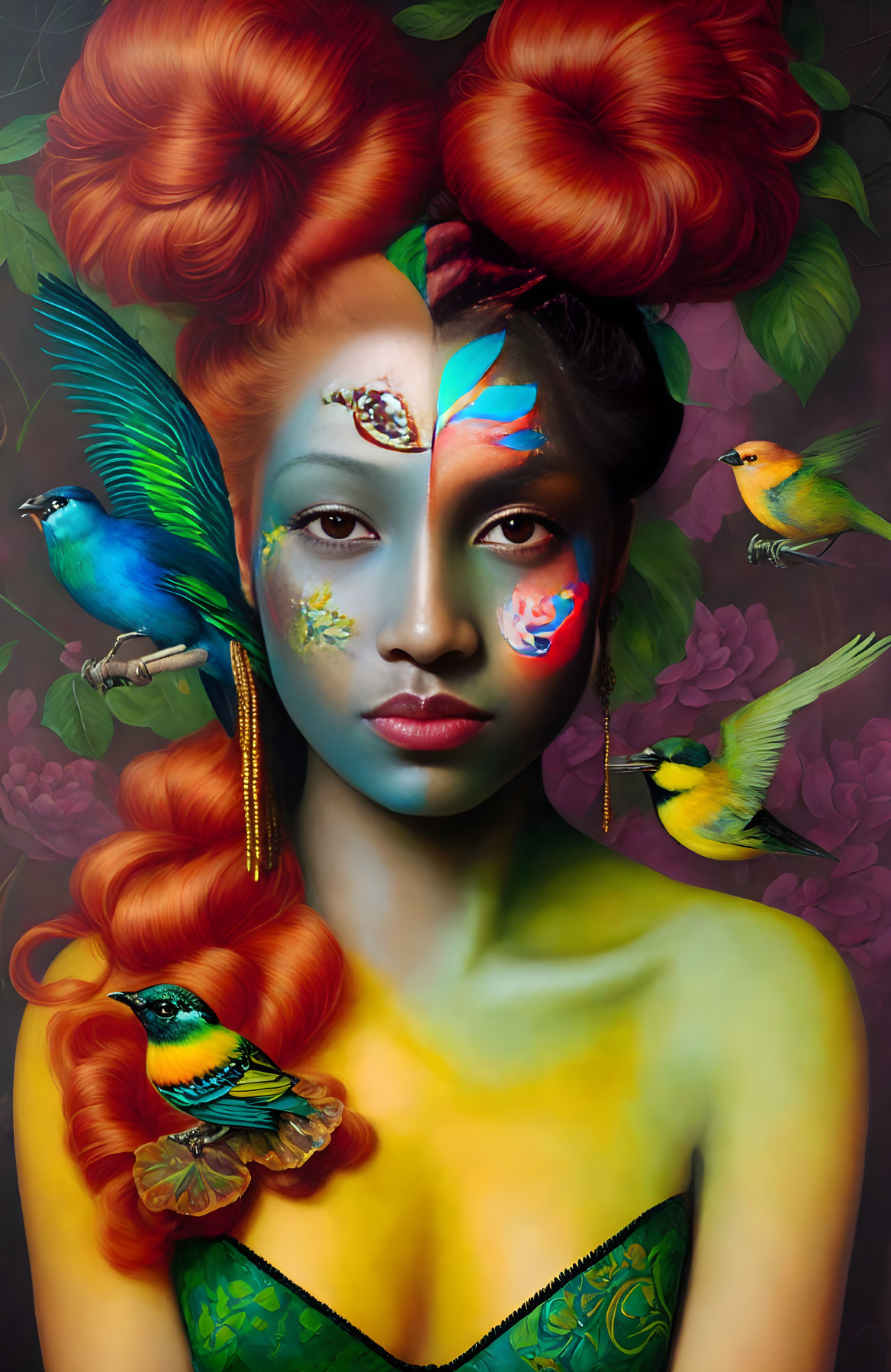 Woman with vibrant bird-themed face paint and colorful birds on floral backdrop