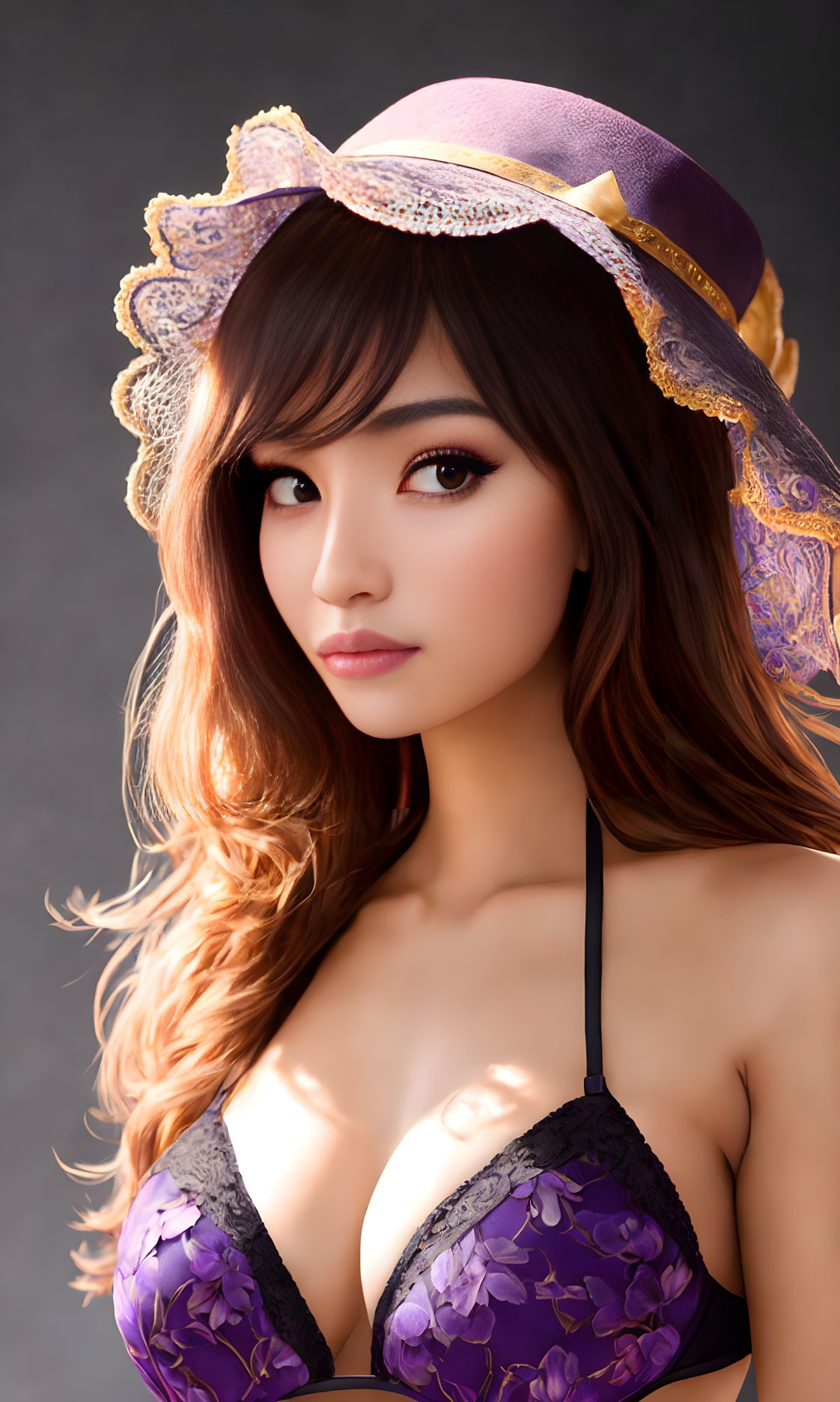 Digital artwork: Woman with long brown hair in purple & gold bonnet and floral bra on grey background