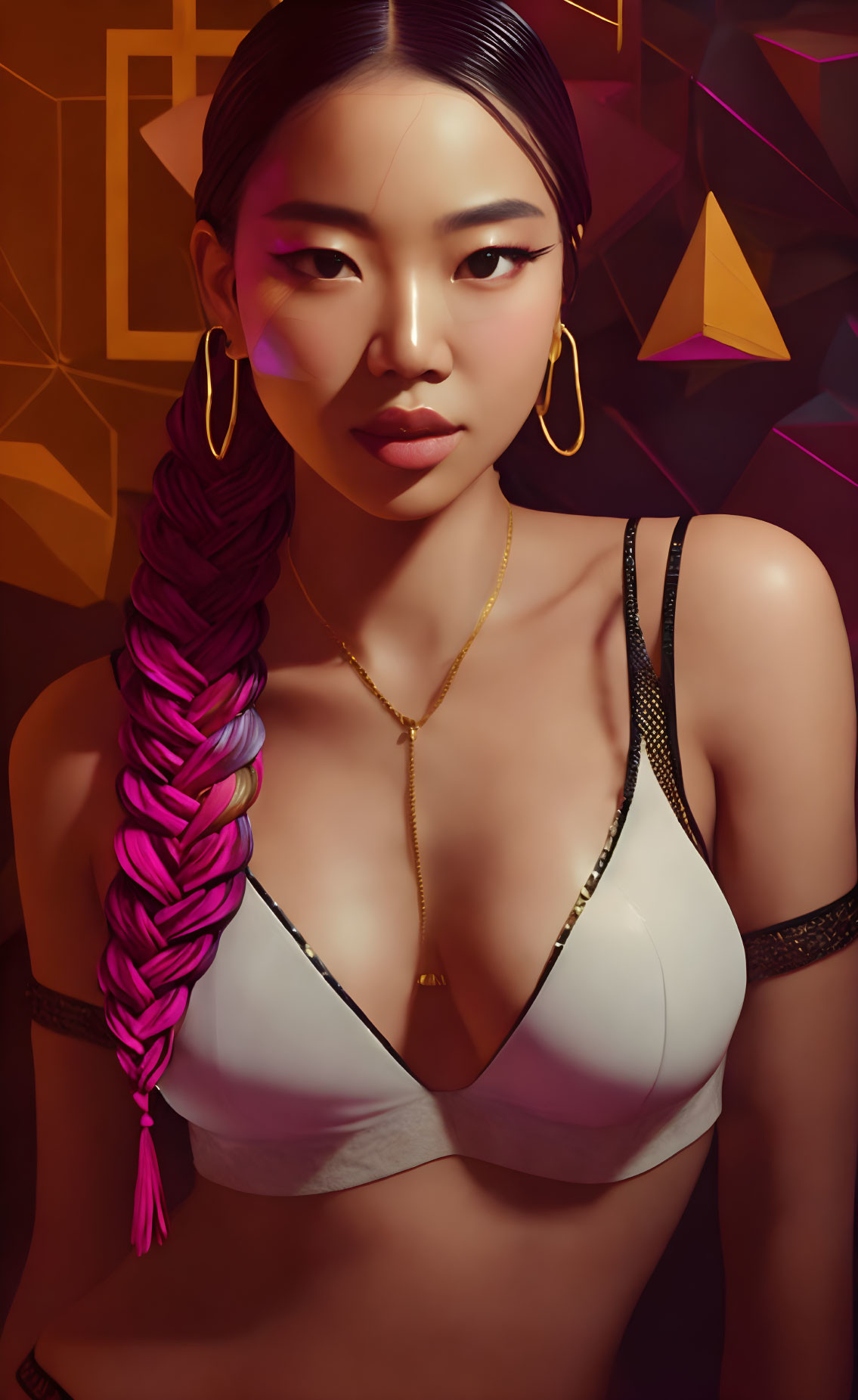 Digital artwork: Woman with pink braid, gold earrings, white top, on geometric background